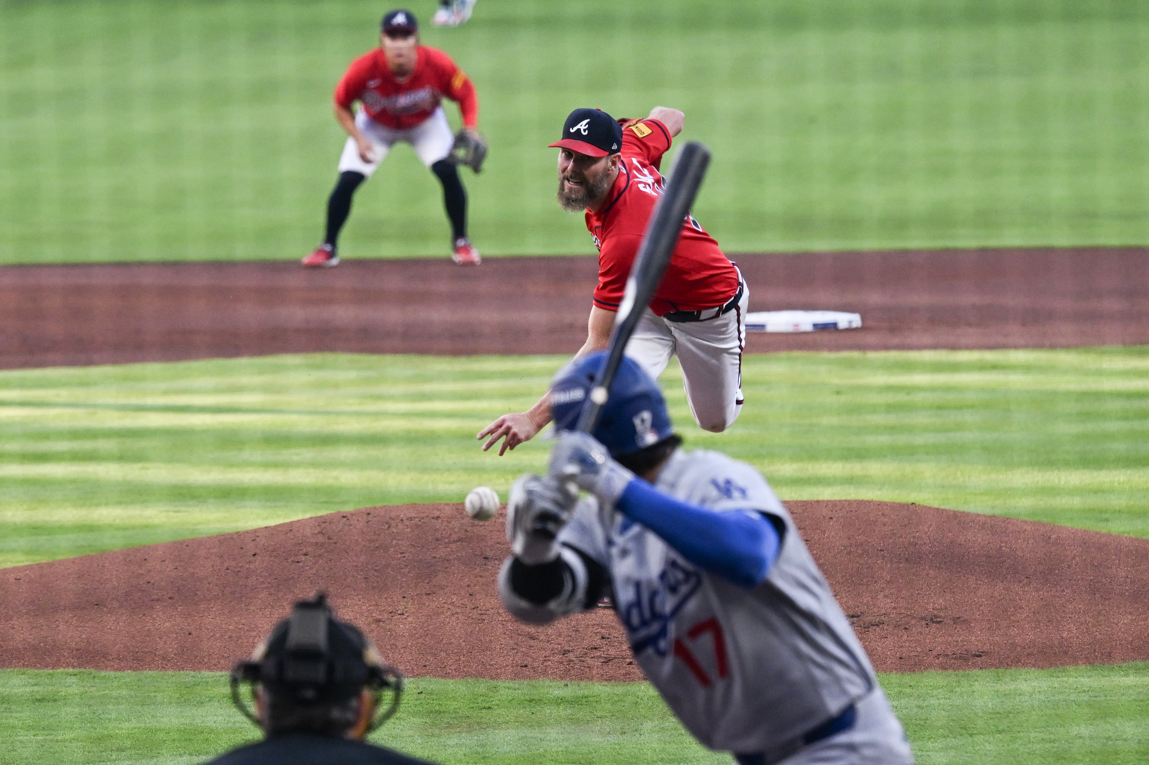 Atlanta Braves pitcher Chris Sale (51) delivers to Los Angeles Dodgers designated hitter Shohei Ohtani (17) during the first inning of Game 3 of the MLB National League Division Series between the Atlanta Braves and the Los Angeles Dodgers, Tuesday, Oct. 6, 2026, in Atlanta. (Hyosub Shin/AJC)