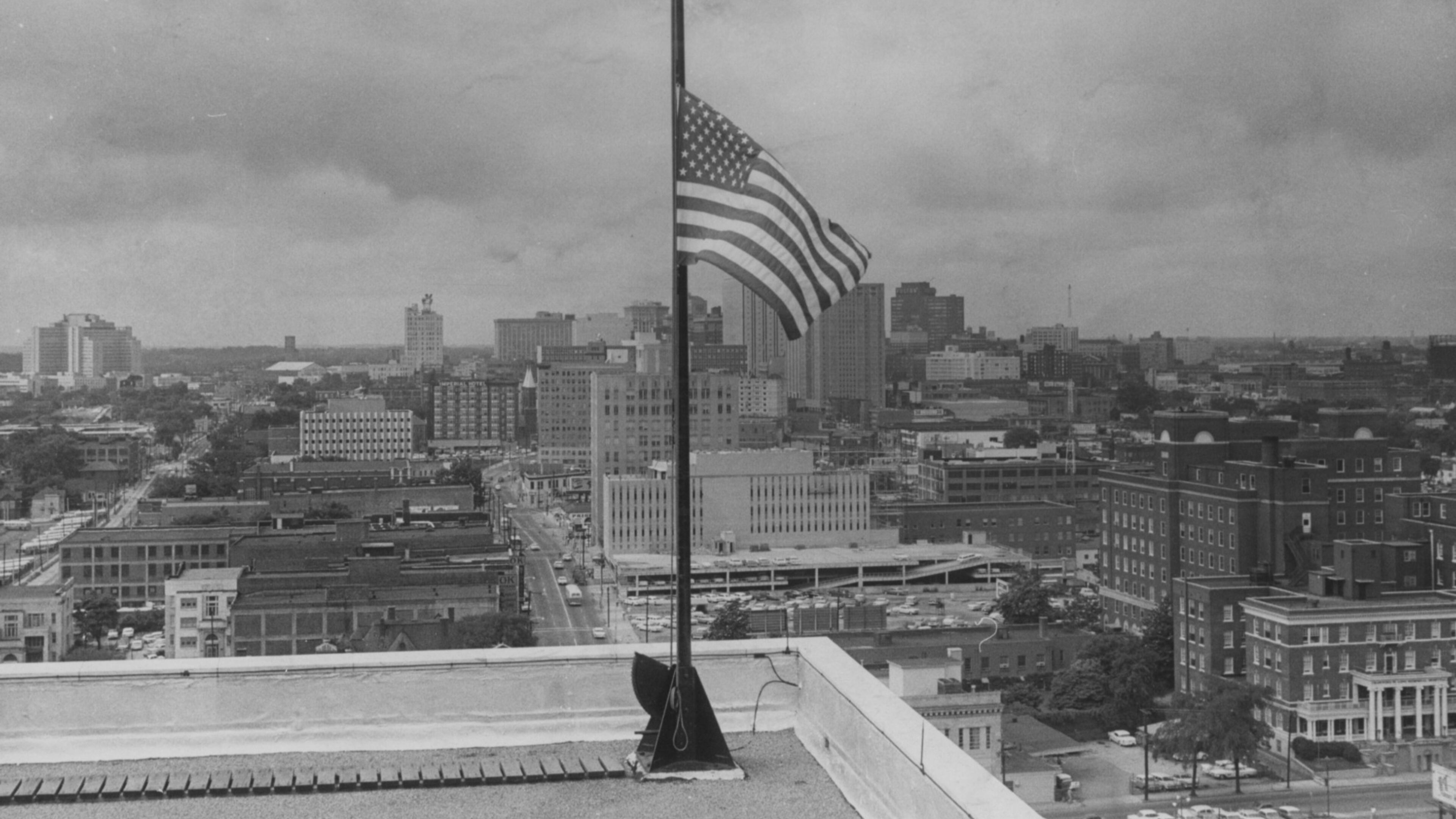 June 4, 1962 - An American flag flies at half-staff in Atlanta in honor of the victims of a chartered Air France Boeing 707 which crashed on takeoff at Orly Air Field in France. Most of the passengers were from Atlanta.