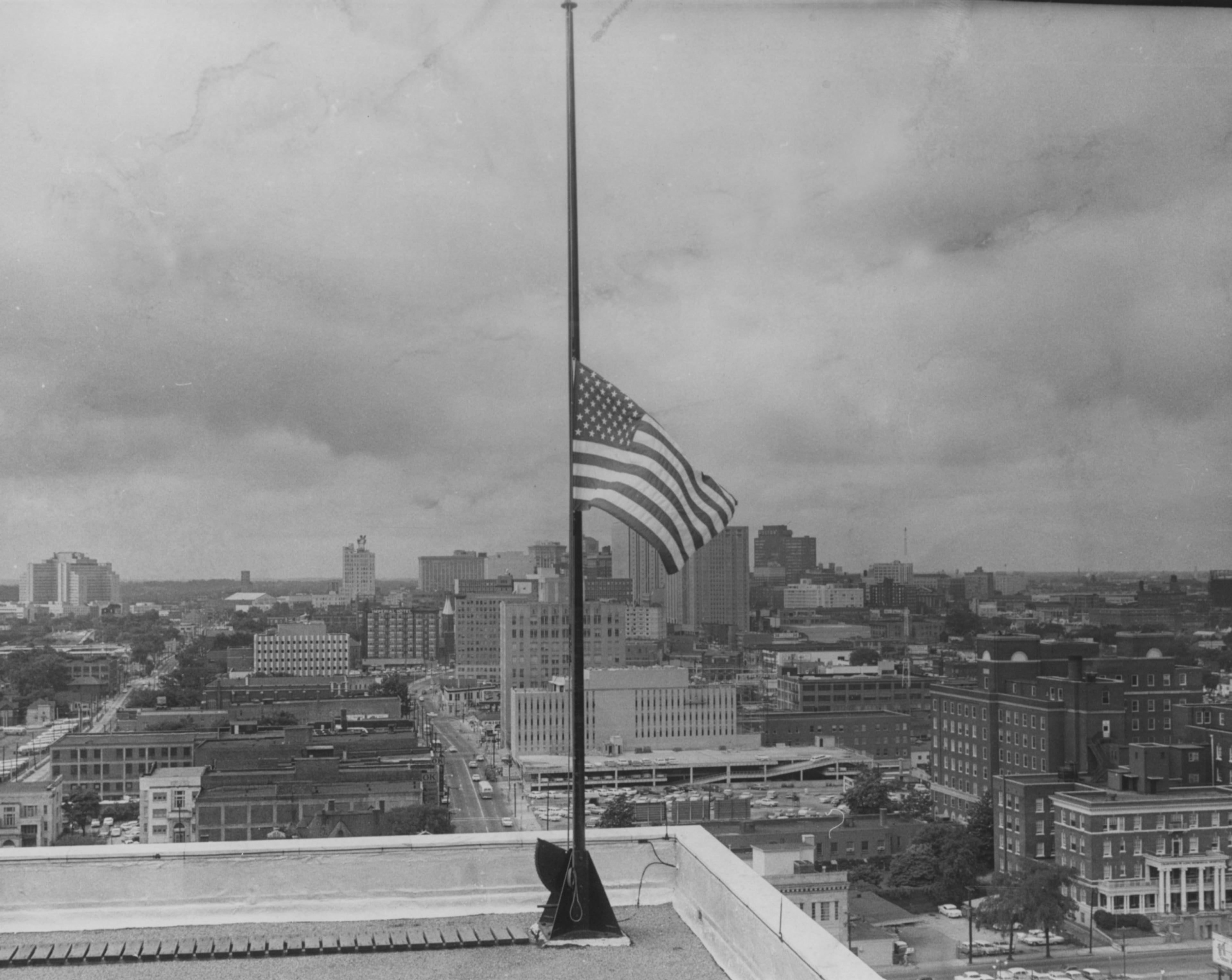 June 4, 1962 - An American flag flies at half-staff in Atlanta in honor of the victims of a chartered Air France Boeing 707 which crashed on takeoff at Orly Air Field in France. Most of the passengers were from Atlanta.