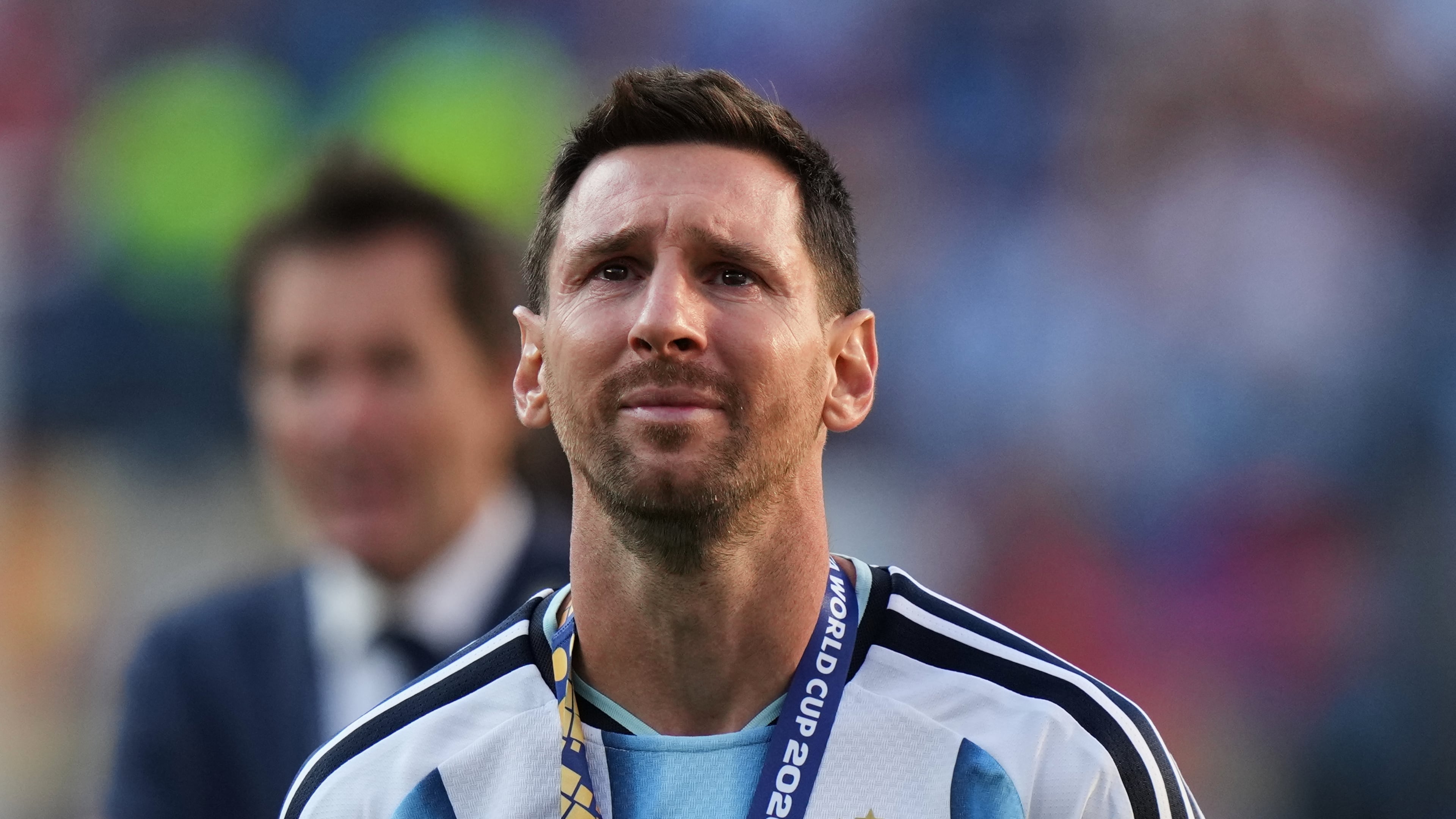 FILE - Argentina's Lionel Messi cries at the end of the World Cup final soccer match with Spain in East Rutherford, N.J., near New York, July 19, 2026. (AP Photo/Stephanie Scarbrough, File)
