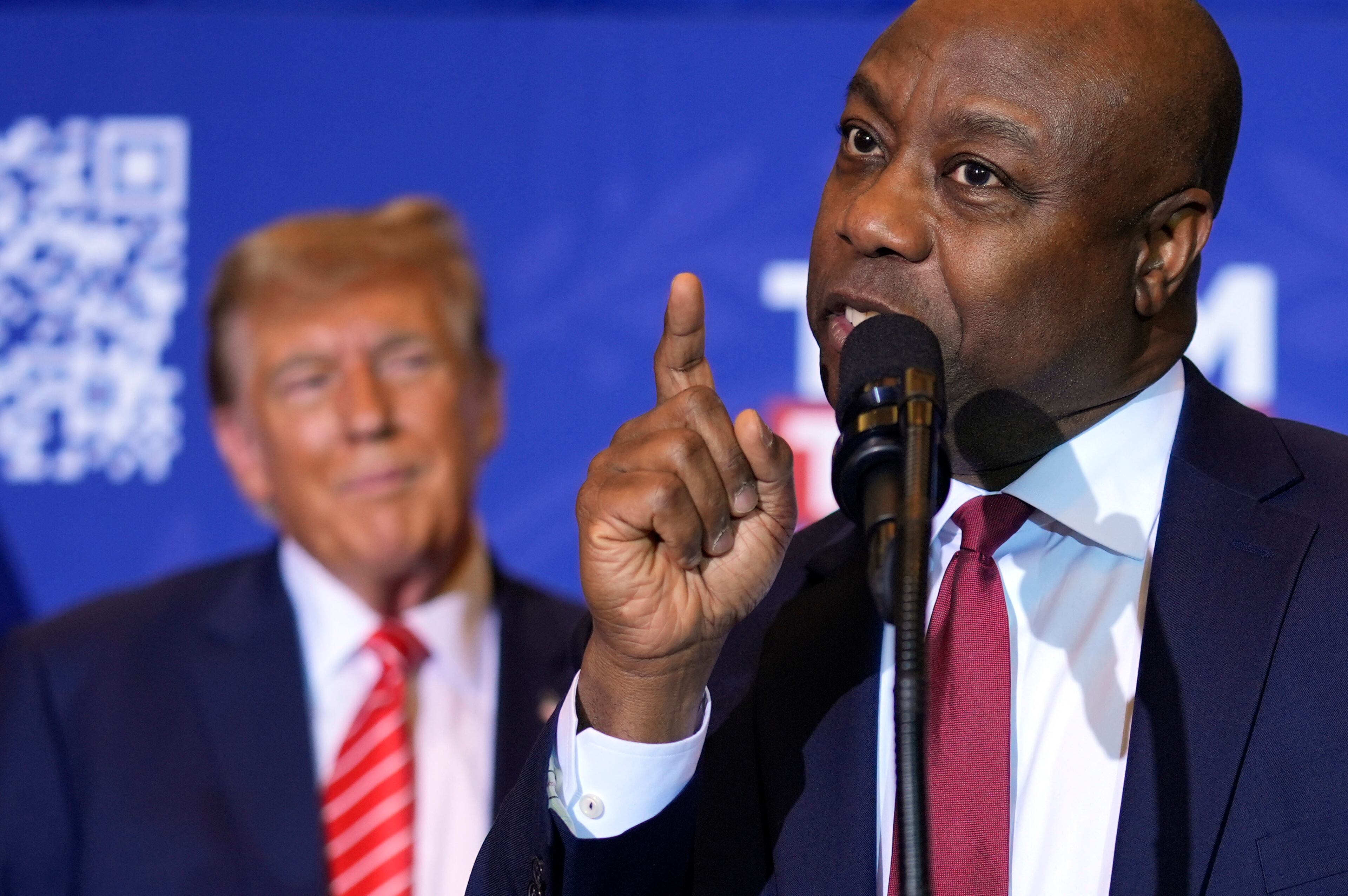 Sen. Tim Scott, R-S.C., speaks during a campaign event for then-Republican presidential candidate former President Donald Trump in Concord, N.H., on Jan. 19, 2024. (Matt Rourke/AP)