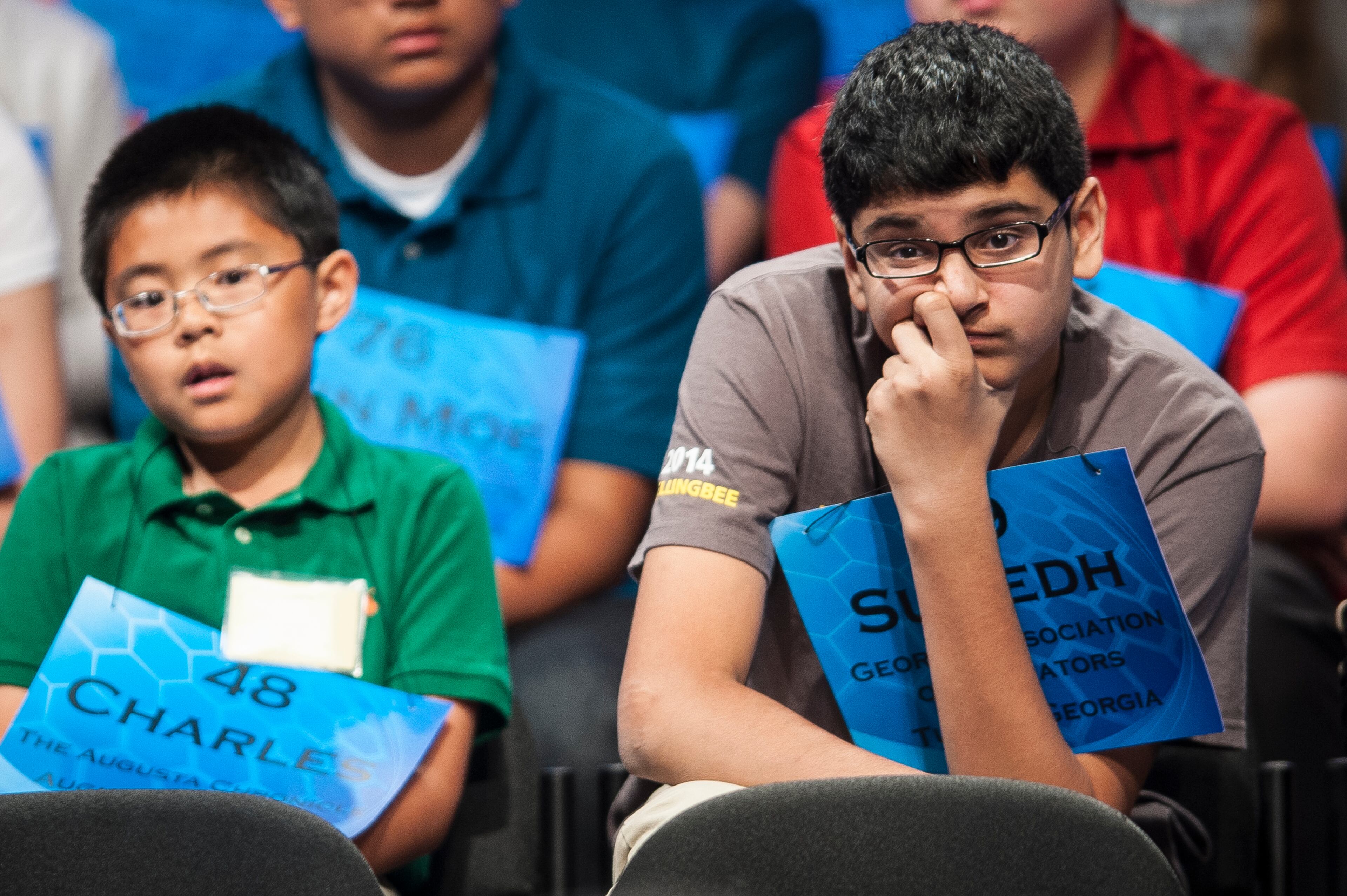 Sumedh Garimella, 14, of Duluth, Georgia, participates in round two of the preliminaries of the Scripps National Spelling Bee on May 28, 2014 at the Gaylord National Resort and Convention Center in National Harbor, Maryland. CREDIT: Pete Marovich Images
