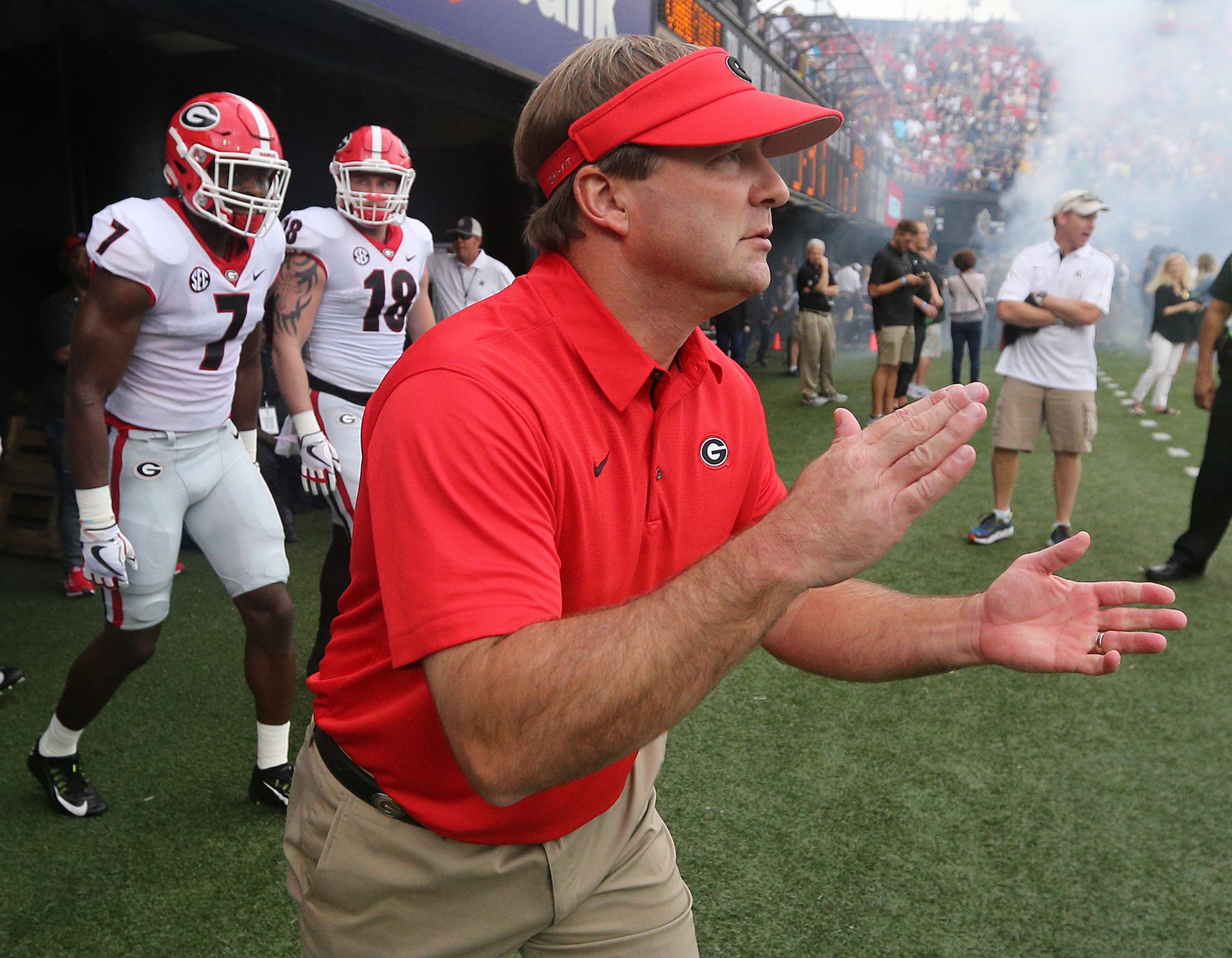 October 7, 2017 Nashville: Georgia head coach Kirby Smart and the Bulldogs take the field on the way to a 45-14 victory over Vanderbilt in a NCAA college football game on Saturday, October 7, 2017, in Nashville. Curtis Compton/ccompton@ajc.com