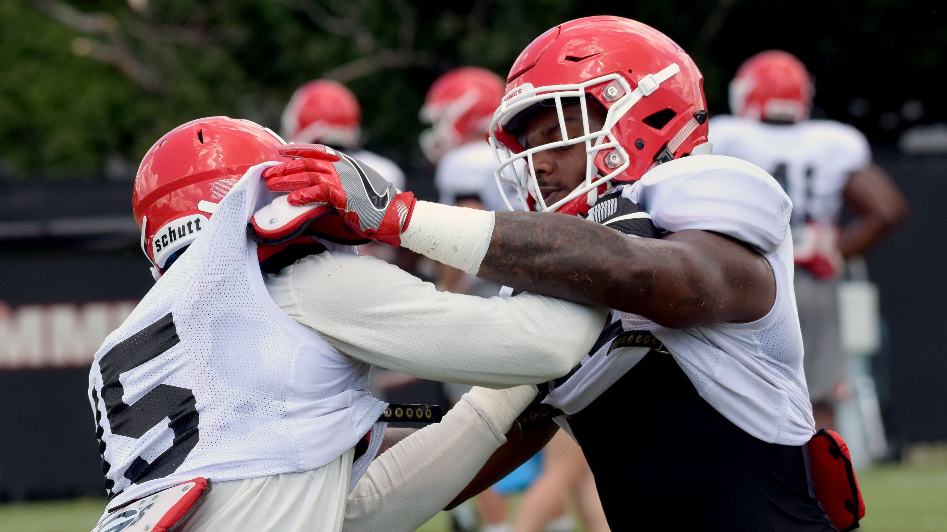 Georgia outside linebacker Keyon Richardson (right) during the Bulldogs' practice Monday, Aug. 6, 2018, at the Woodruff Practice Fields on the Georgia campus in Athens.