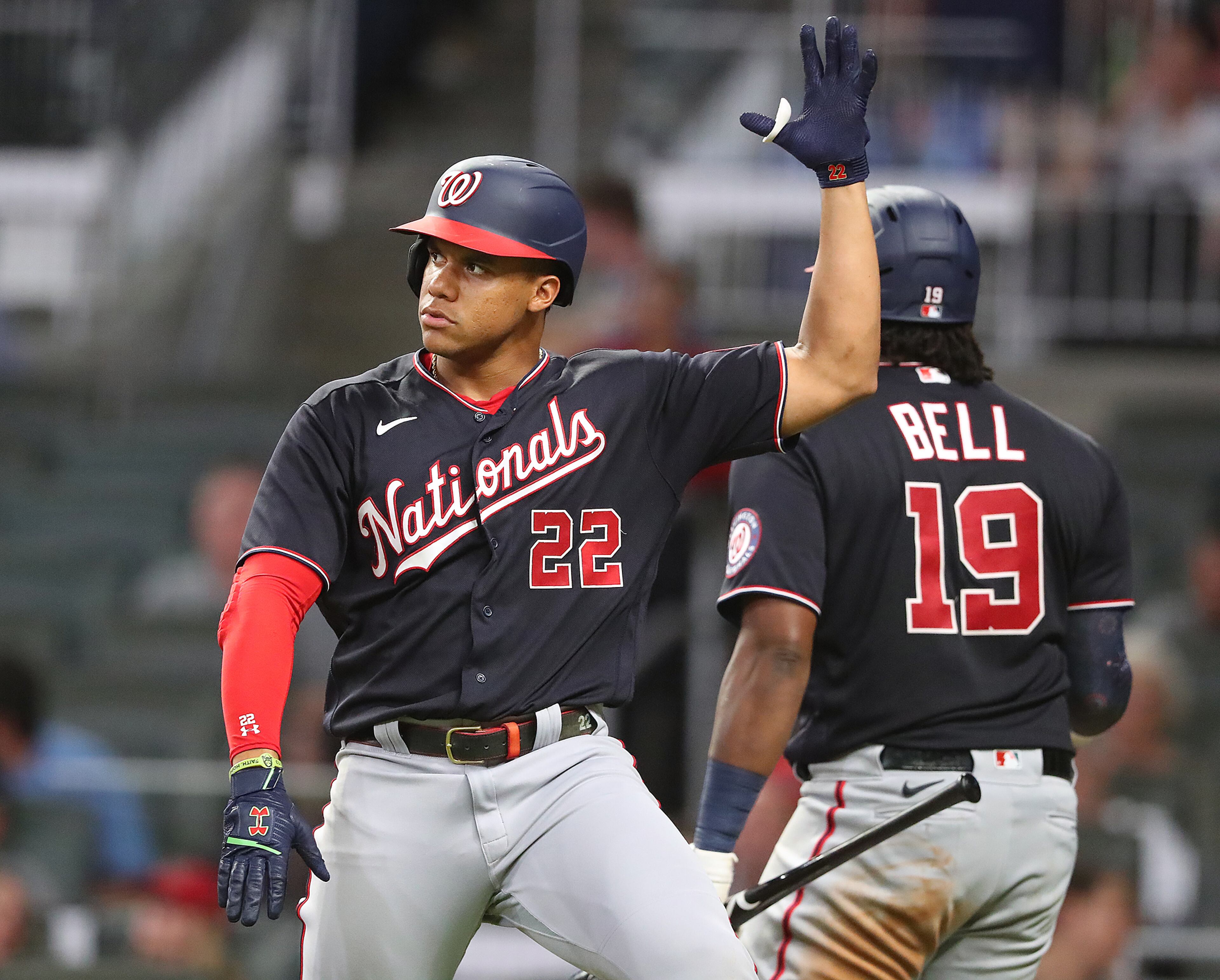 Washington Nationals outfielder Juan Soto reacts to his go-ahead solo homer for a 3-2 lead. “Curtis Compton / Curtis.Compton@ajc.com”