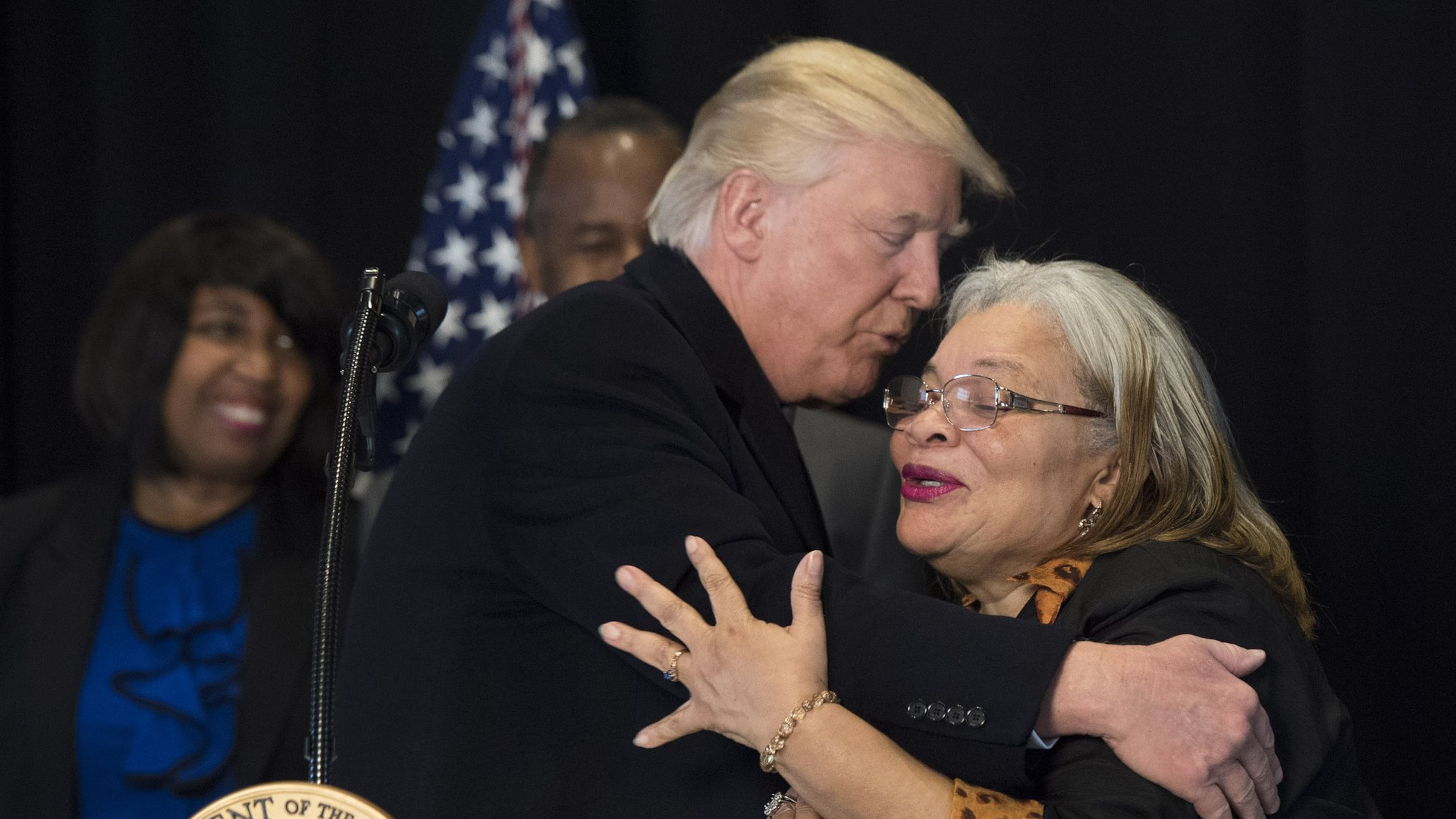 WASHINGTON, DC - FEBRUARY 21: (AFP OUT) President Donald Trump hugs Alveda King, niece of Martin Luther King Jr., as he delivers remarks after touring the Smithsonian National Museum of African American History & Culture on February 21, 2017 in Washington, DC. (Photo by Kevin Dietsch - Pool/Getty Images)