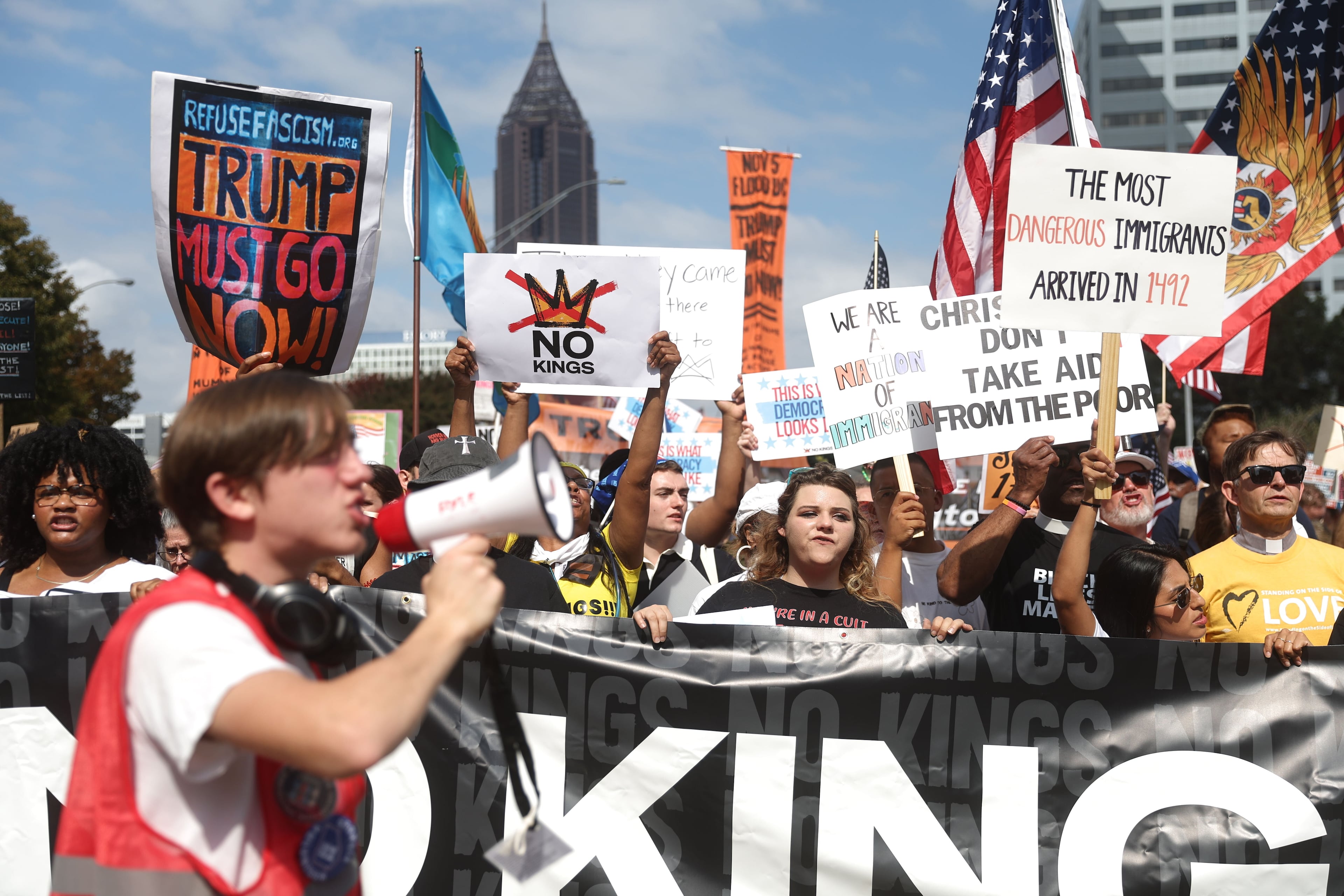 "No Kings" protesters marched down Courtland Street from the Atlanta Civic Center to Liberty Plaza on Saturday. (Abbey Cutrer/AJC)