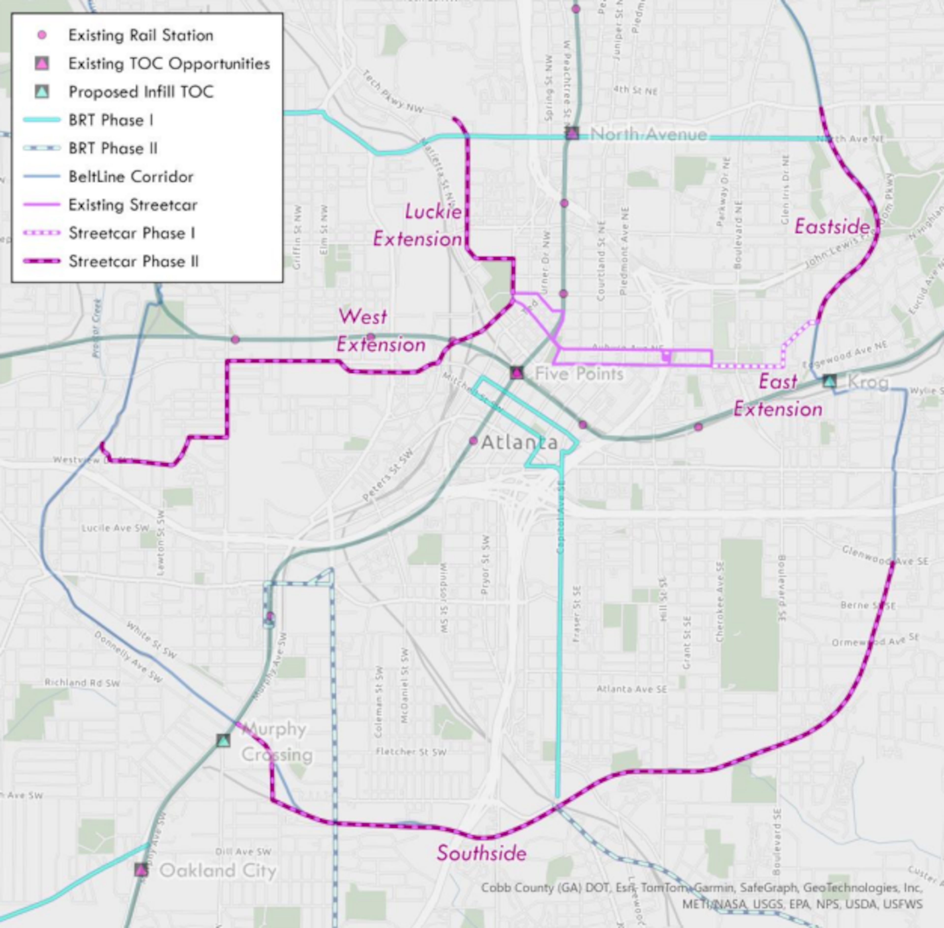 This is a map of Mayor Andre Dickens' phased rail plan for the Beltline that was presented to the MARTA Board of Directors on March 13, 2025.