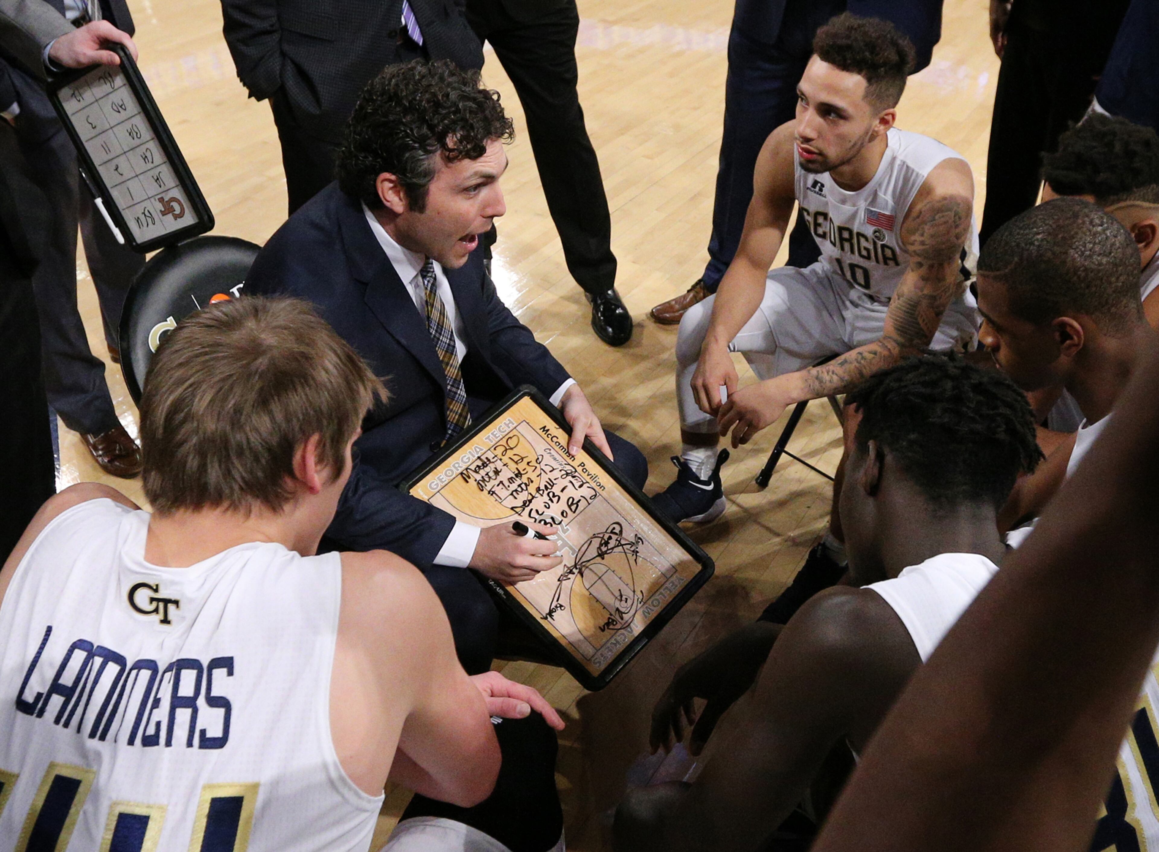 November 19, 2017 Atlanta: Georgia Tech head coach Josh Pastner coaches up his team during a time out against Bethune-Cookman in the home opener of a NCAA college basketball game on Sunday, November 19, 2017, in Atlanta. Curtis Compton/ccompton@ajc.com