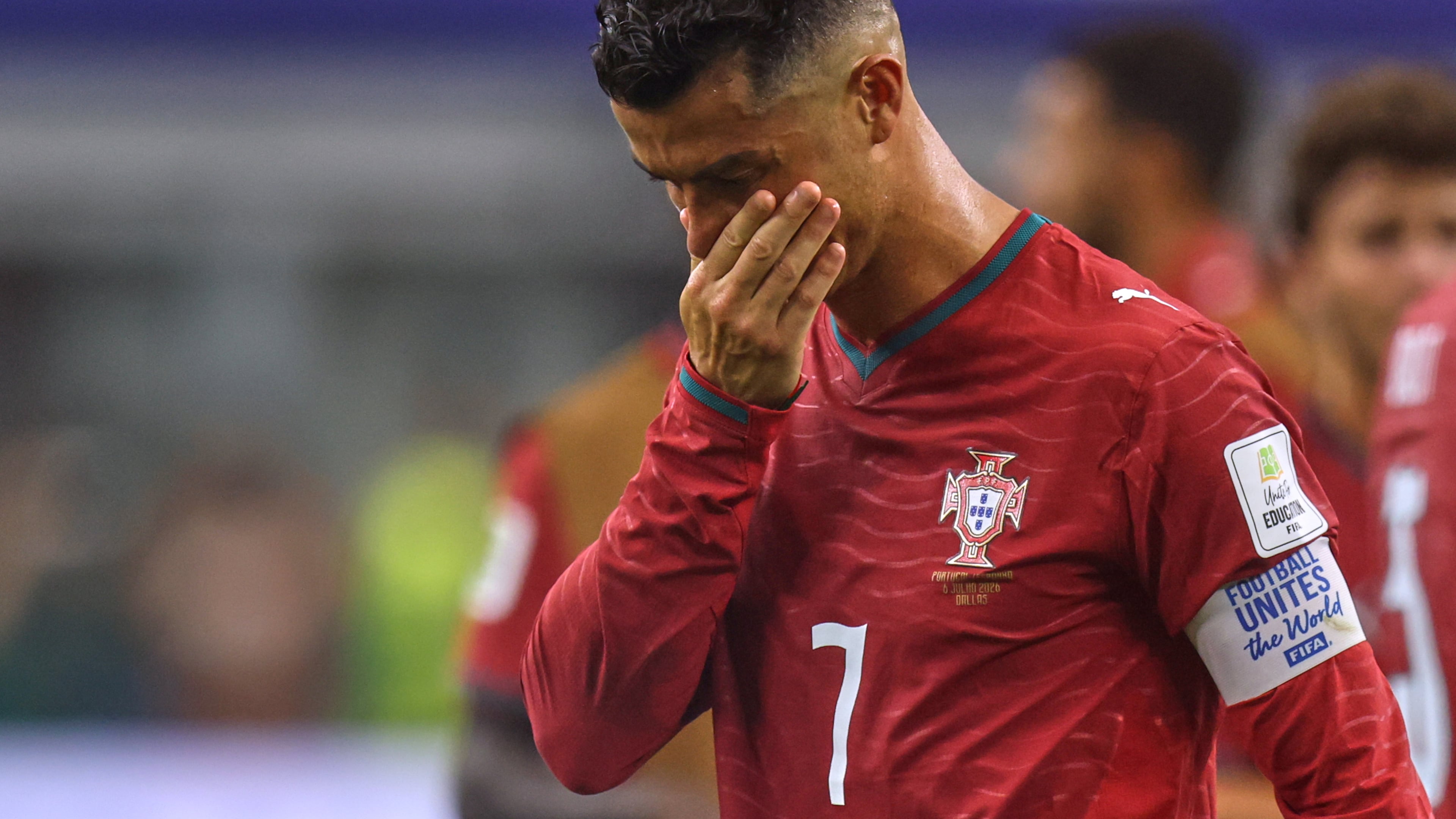 Portugal's Cristiano Ronaldo (7) reacts after the World Cup round of 16 soccer match between Portugal and Spain in Arlington, Texas, near Dallas, Monday, July 6, 2026. (AP Photo/Gareth Patterson)