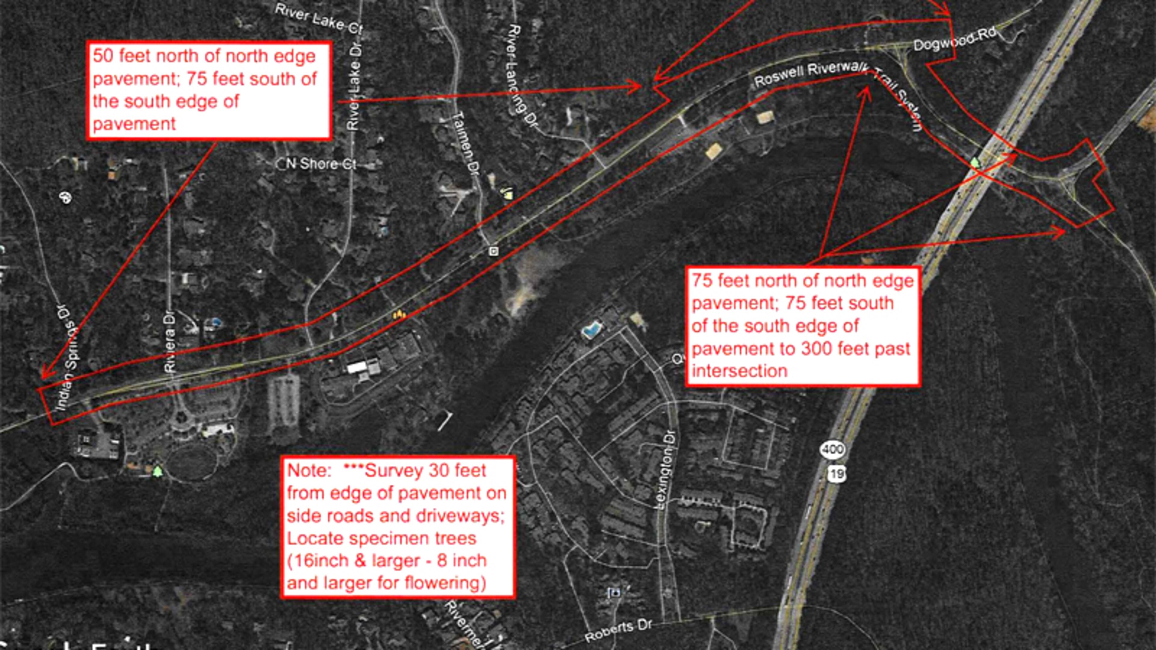 Map depicts the section of Riverside Road in Roswell to be surveyed for a proposed complete street project. CITY OF ROSWELL