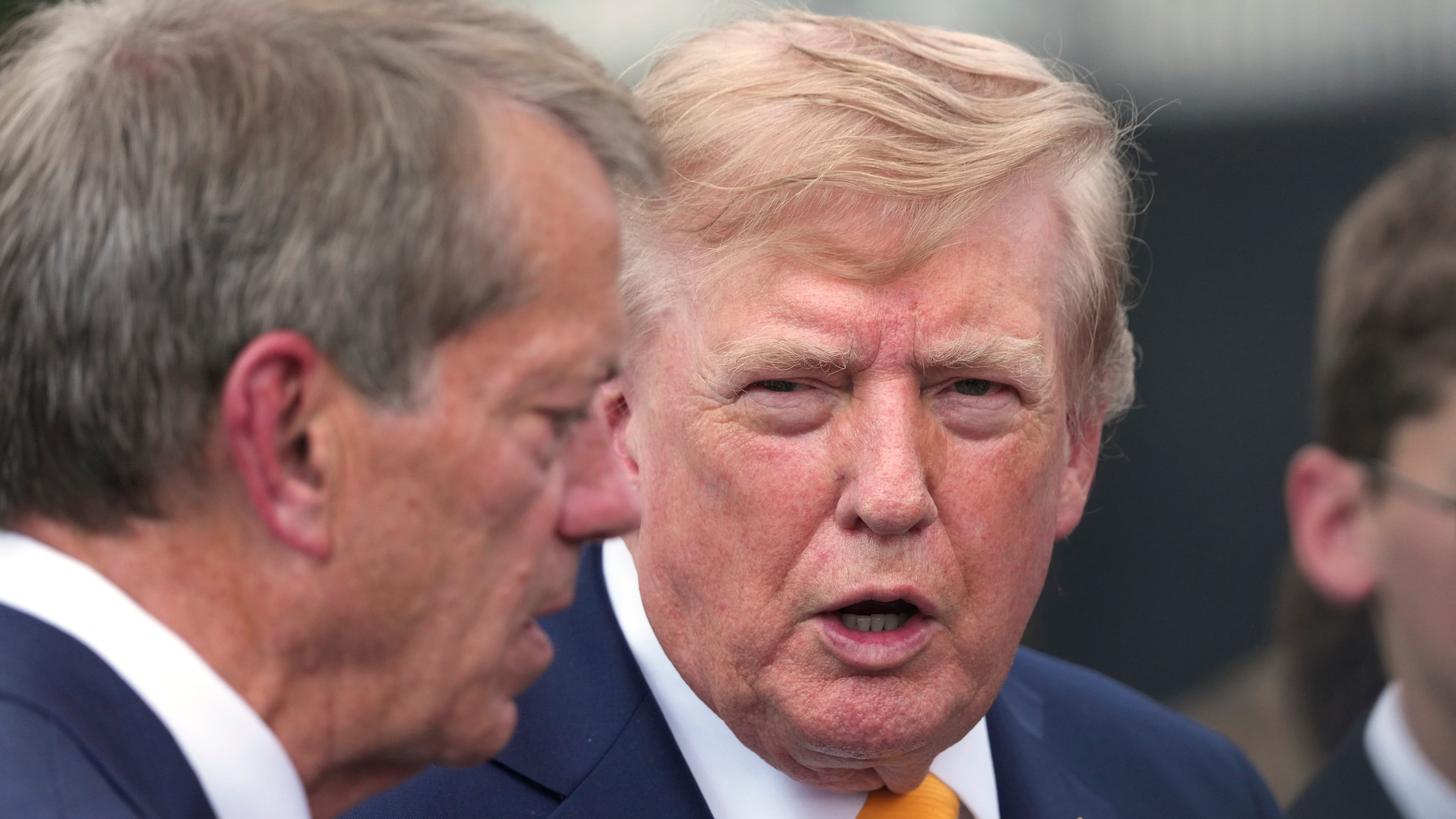 President Donald Trump speaks with Nebraska Gov. Jim Pillen after a back to school event in the Rose Garden of the White House, Monday, Aug. 24, 2026, in Washington. (AP Photo/Alex Brandon)