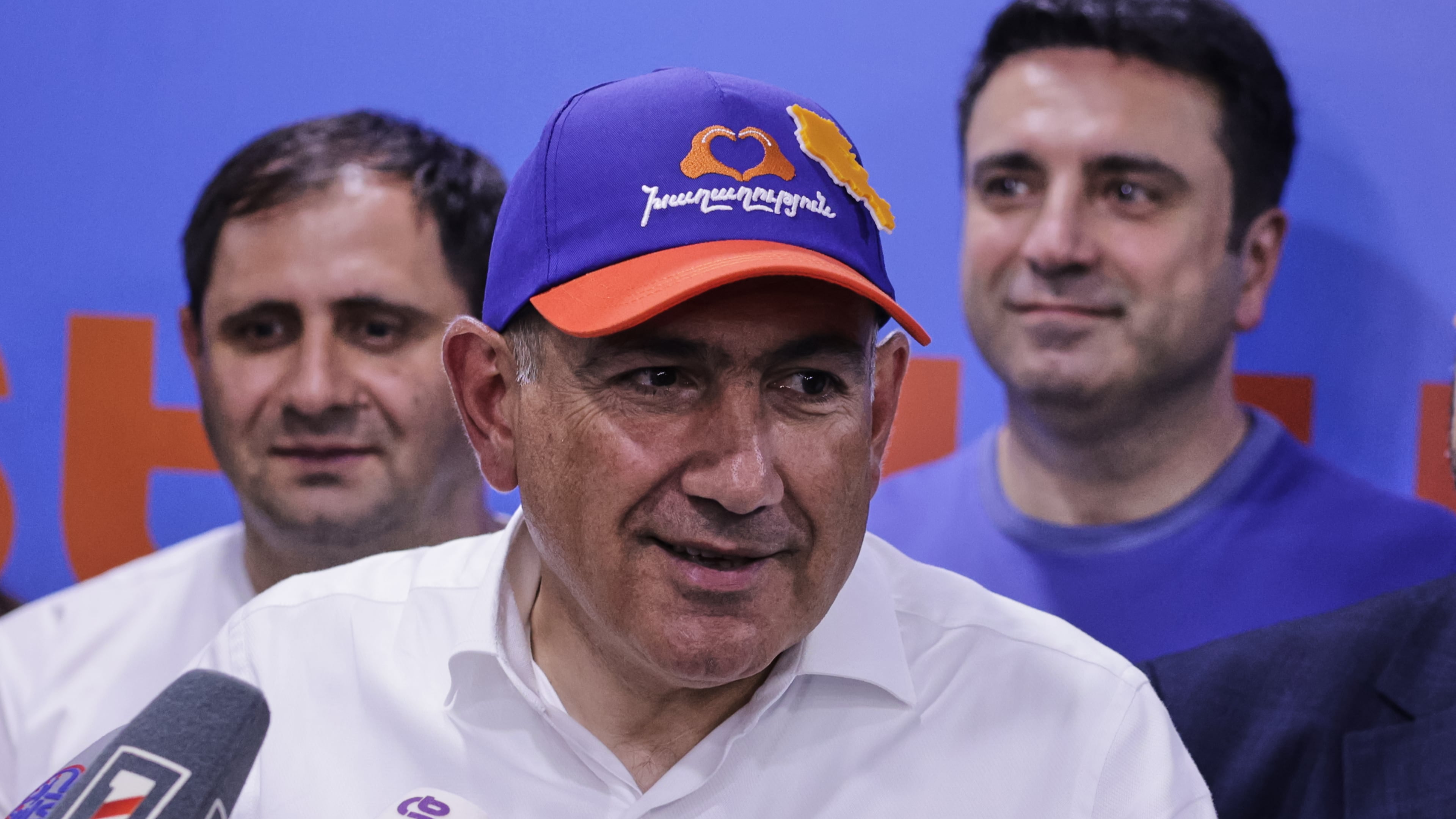 Armenian Prime Minister Nikol Pashinyan speaks at his Armenia Ruling Civil Contract party headquarters after parliamentary elections in Yerevan, Armenia, Monday, June 8, 2026. (AP Photo/Anthony Pizzoferrato)