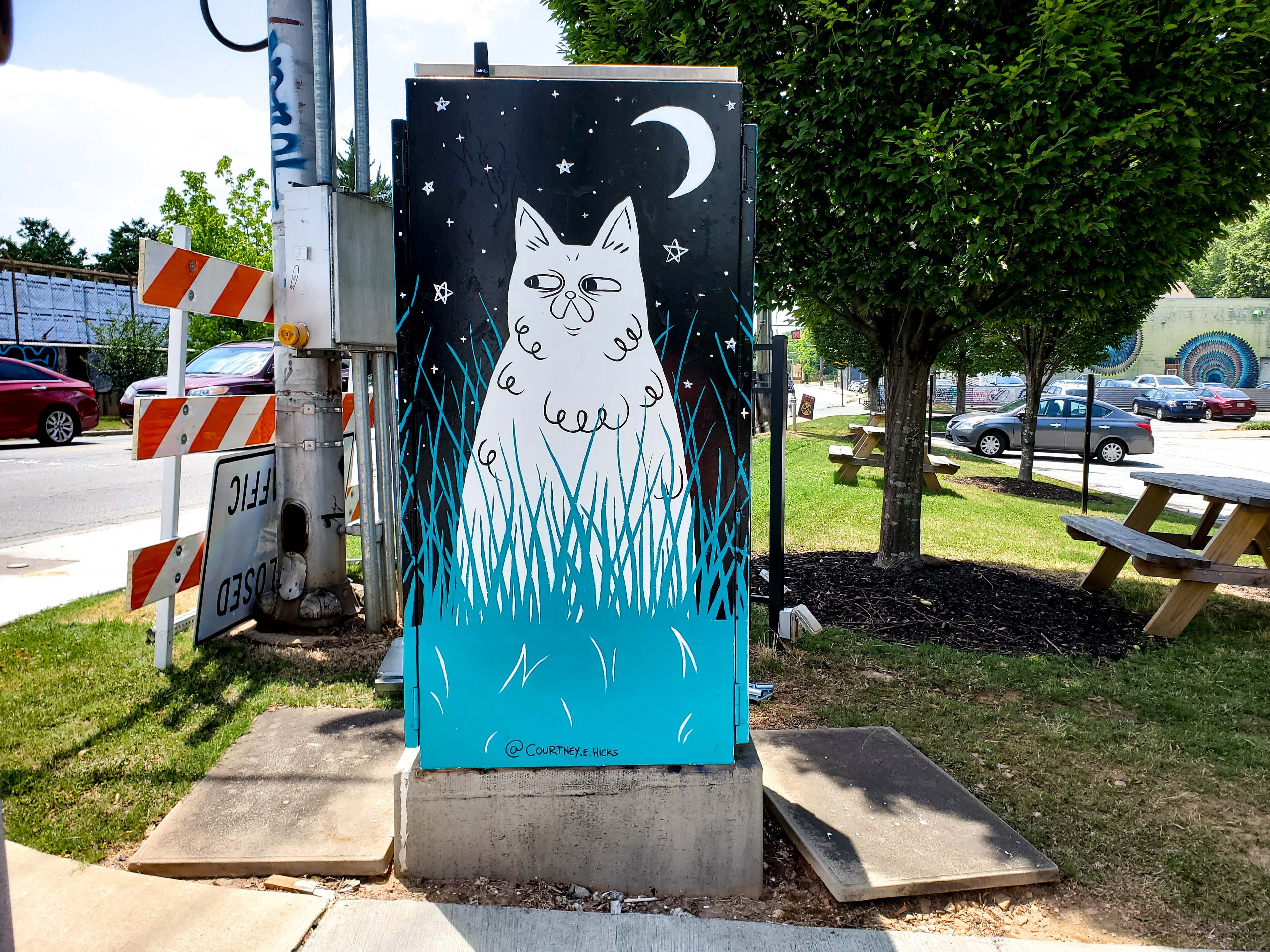 A mural by Catherine Hicks adorns a utility box in Candler Park. (Photo by streetartmap.org)