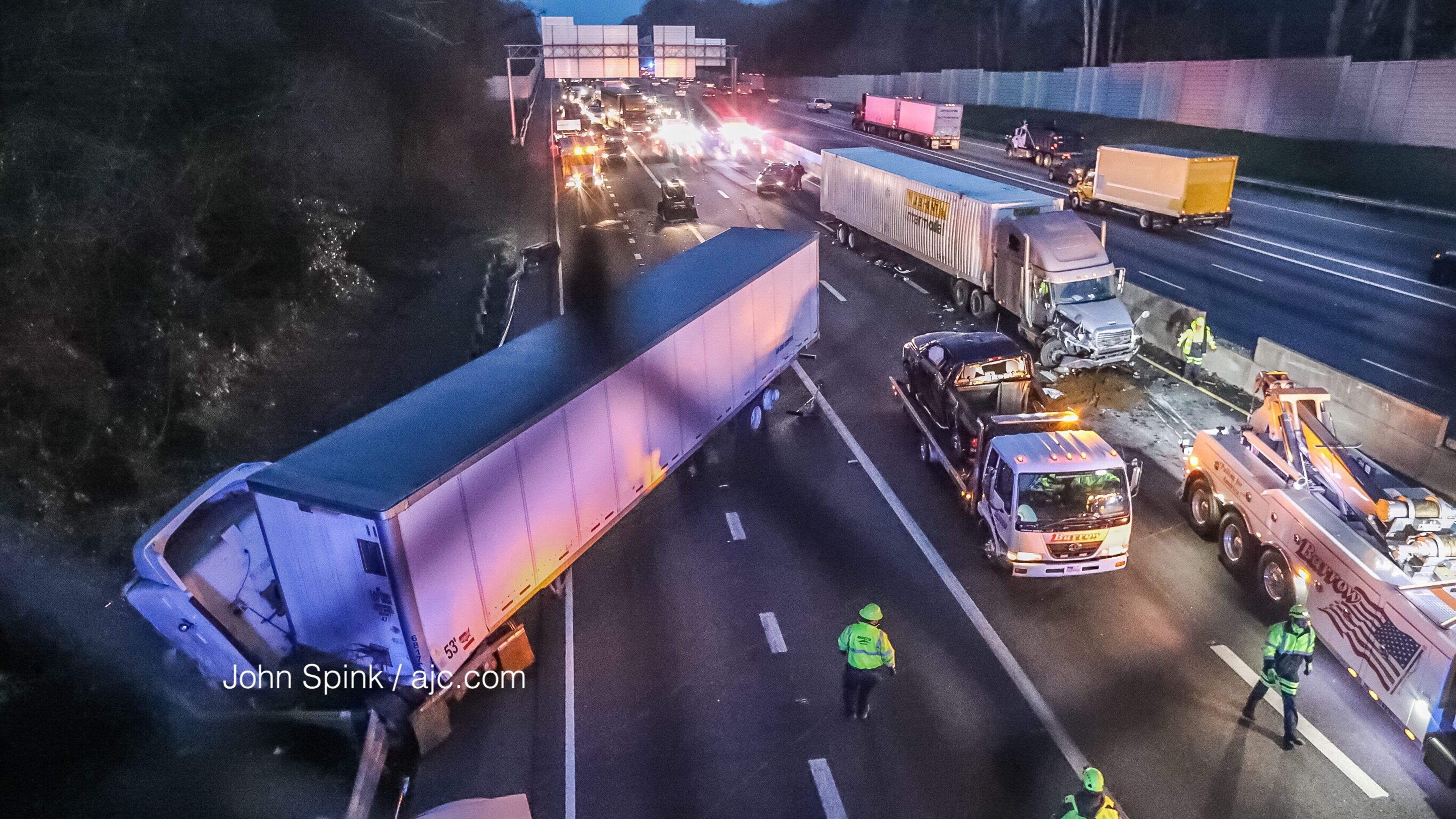 A crash involving two tractor-trailers and several other vehicles shut down all eastbound lanes of I-20 during the peak of the Thursday morning commute.