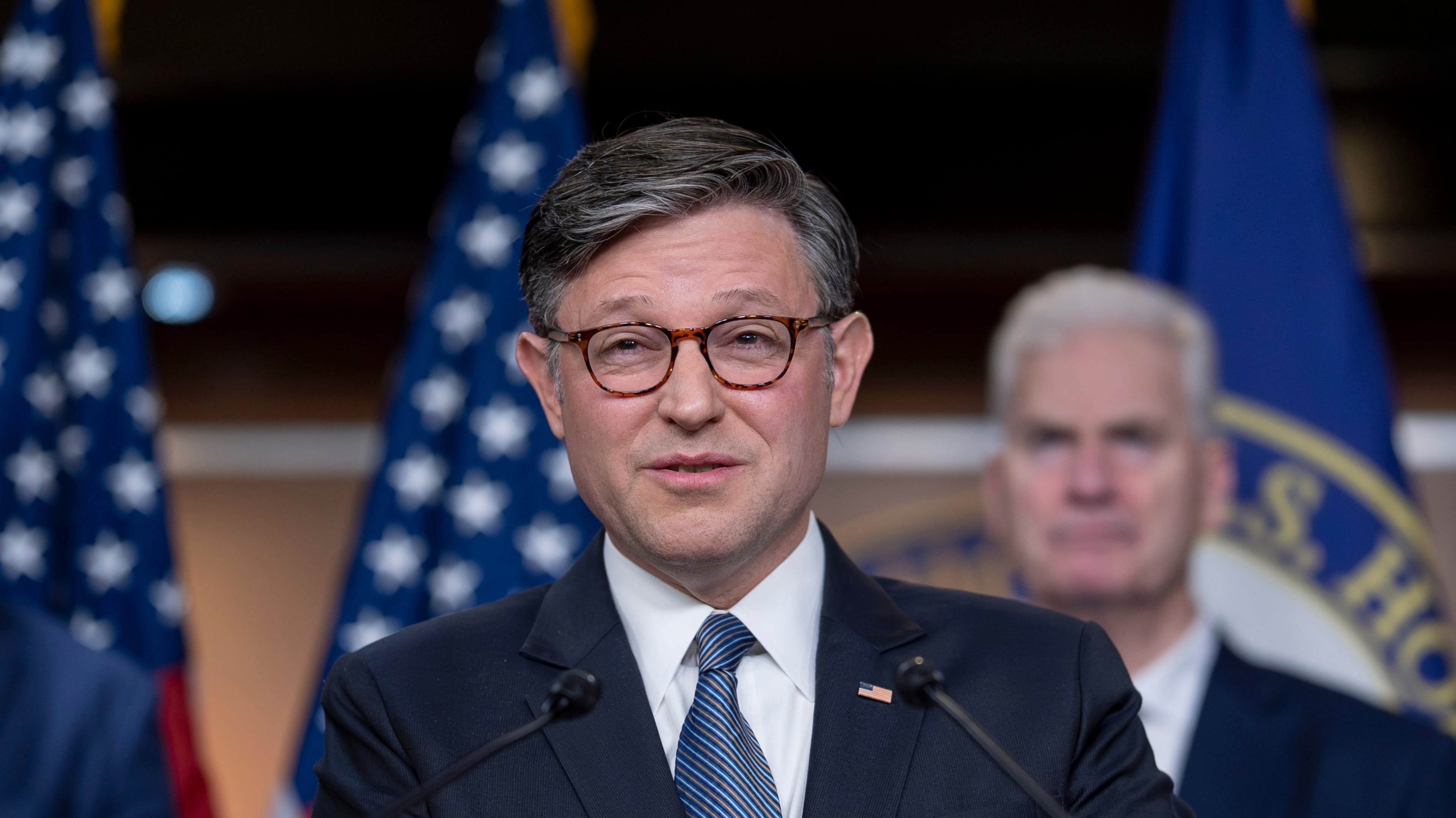 Speaker of the House Mike Johnson, R-La., and House GOP leaders hold a news conference after primary elections that affirmed President Donald Trump's dominance of the Republican Party, at the Capitol in Washington, Wednesday, May 20, 2026. (AP Photo/J. Scott Applewhite)