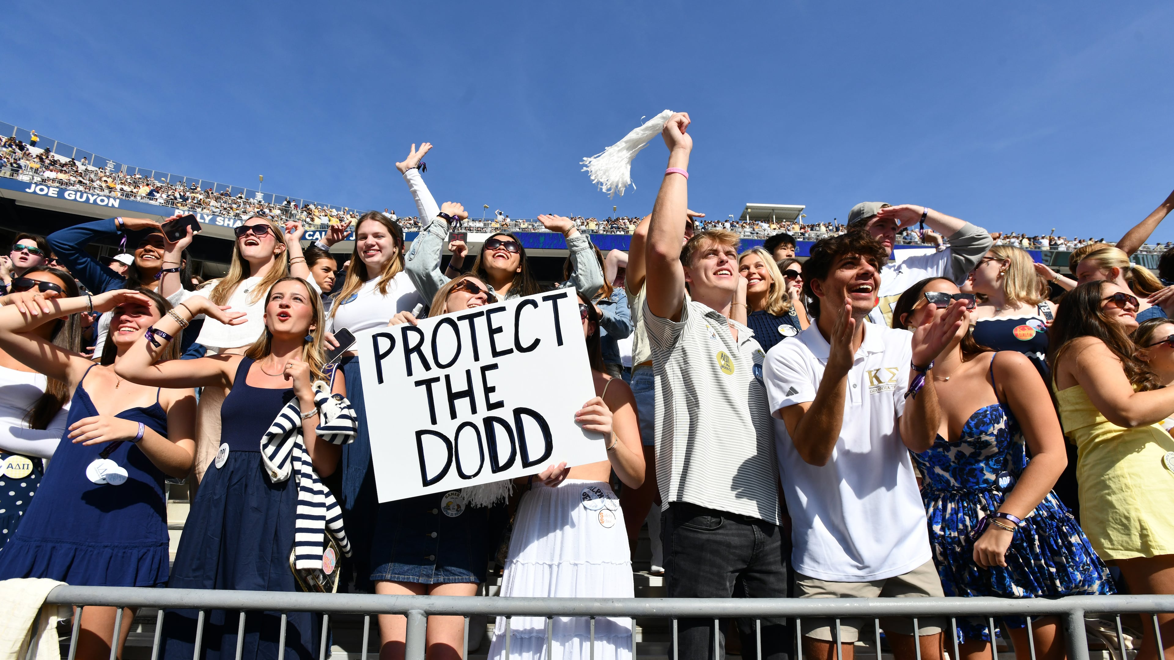 Georgia Tech fans cheer during the first half of the game against Syracuse on Saturday, Oct. 25, 2025, at Bobby Dodd Stadium in Atlanta. (Hyosub Shin/AJC)