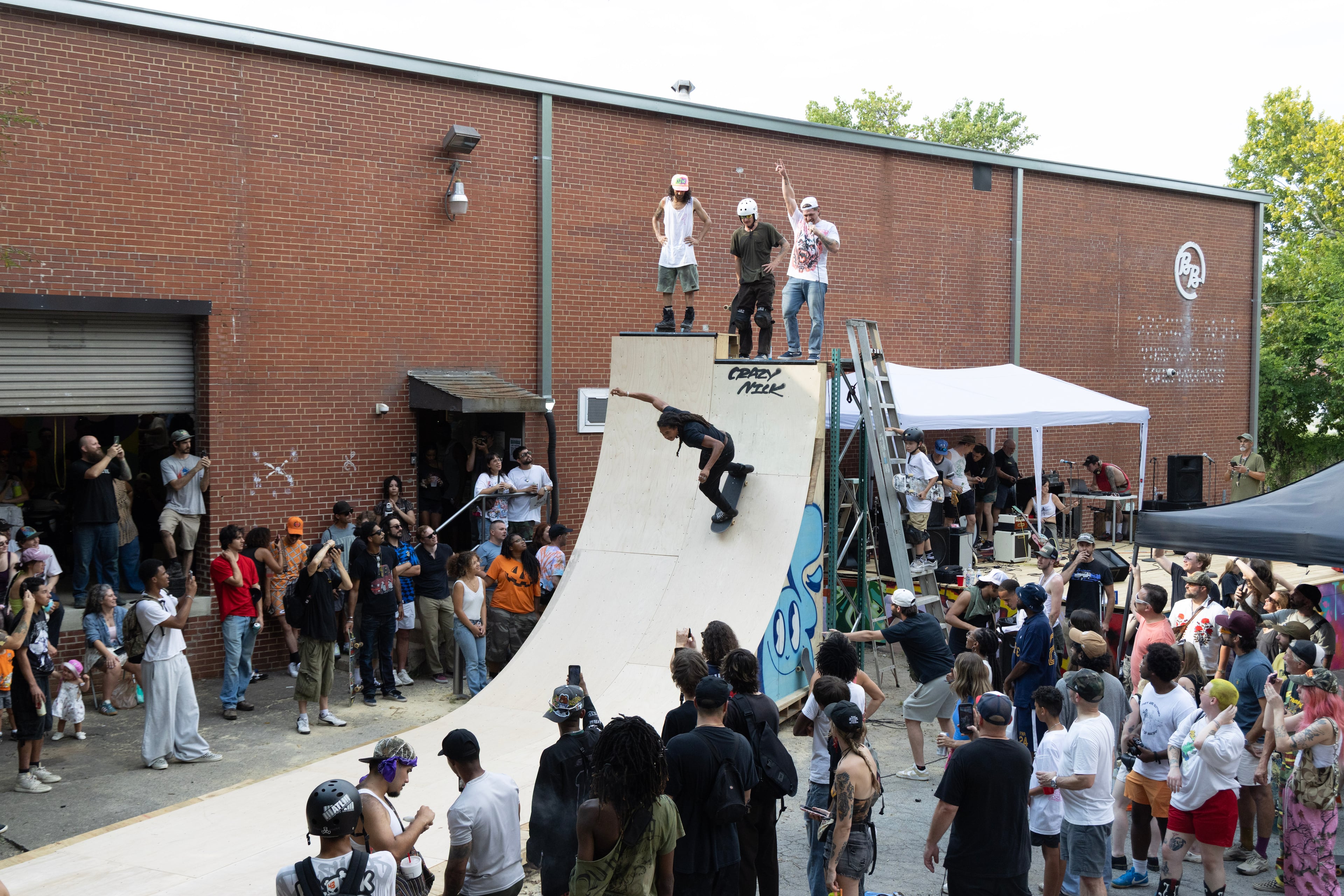 The opening of the Foundry in the former Bronner Bros. manufacturing building brought out an enthusiastic audience that enjoyed skateboarding demonstrations, bands and art large and small on Saturday, Aug. 15, 2026. (Courtesy of Thomas Forman)