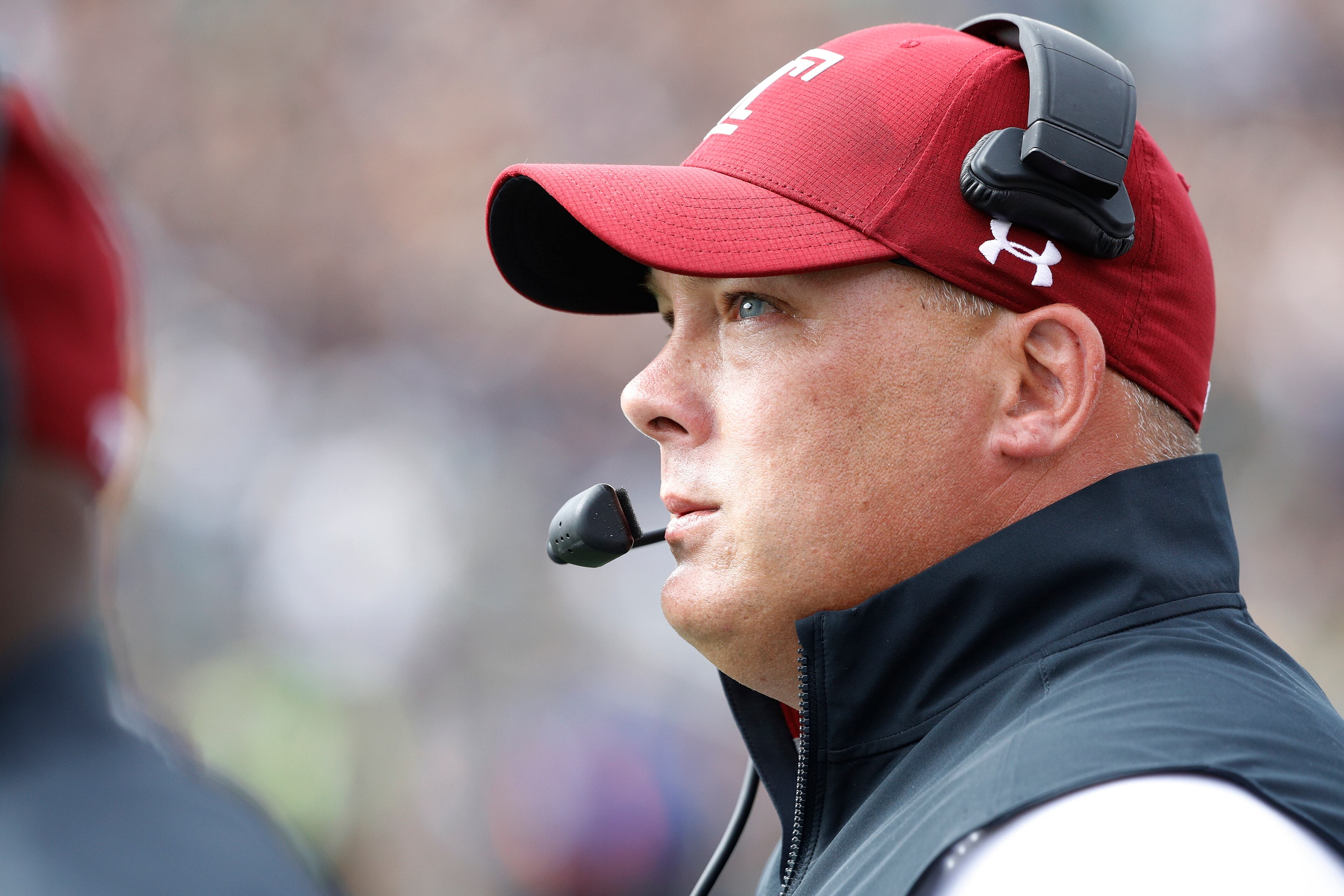 SOUTH BEND, IN - SEPTEMBER 02: Head coach Geoff Collins of the Temple Owls looks on in the second quarter of a game against the Notre Dame Fighting Irish at Notre Dame Stadium on September 2, 2017 in South Bend, Indiana. The Irish won 49-16. (Photo by Joe Robbins/Getty Images)
