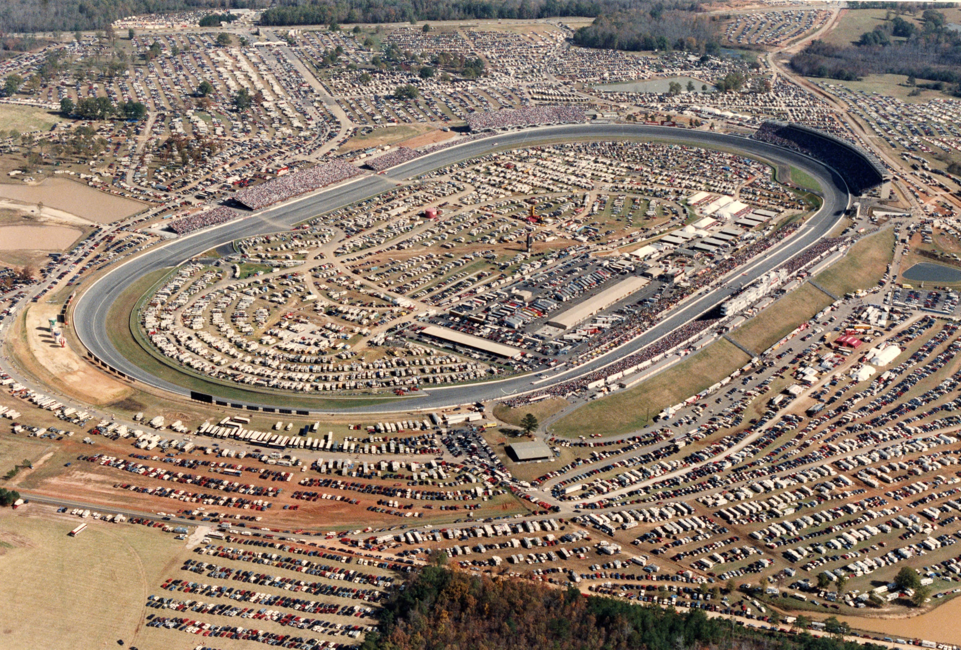 Aerial view of Atlanta Motor Speedway during the Hooters 500, Hampton, Georgia, November 15, 1992. Over 100,000 race fans jammed into and around Atlanta Motor Speedway for a weekend of racing featuring Bill Elliott winning the event 11/15 while legend Richard Petty hangs up his helmet. Ricardo Ramogosa / AJC file