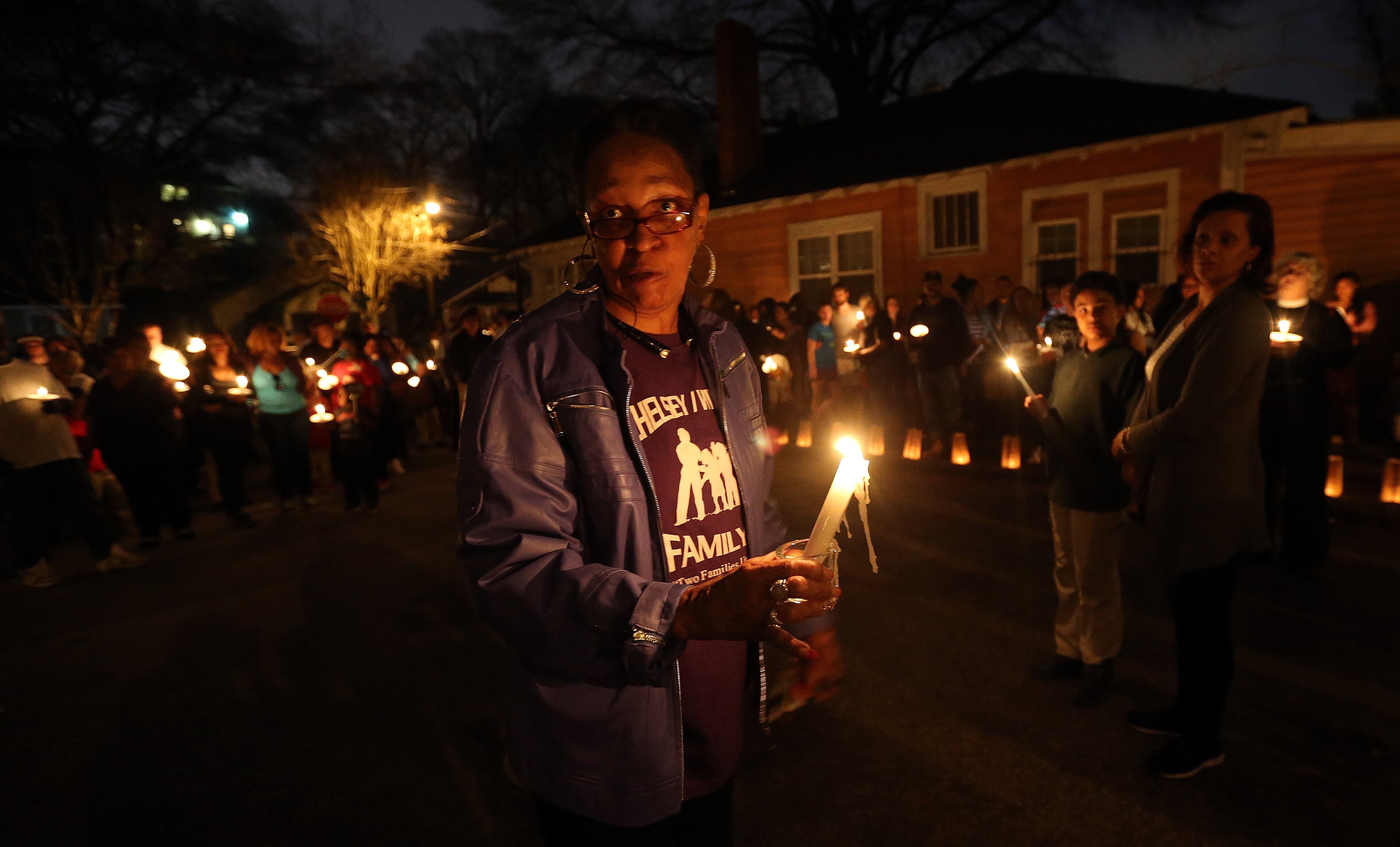Mary Gordon, who used to live in Peoplestown and still has family in that Southeast Atlanta neighborhood, speaks out against violence during a Tuesday night March 11, 2014 vigil for Kelcey "Skeet" Thornton, who was shot and killed there Sunday evening.