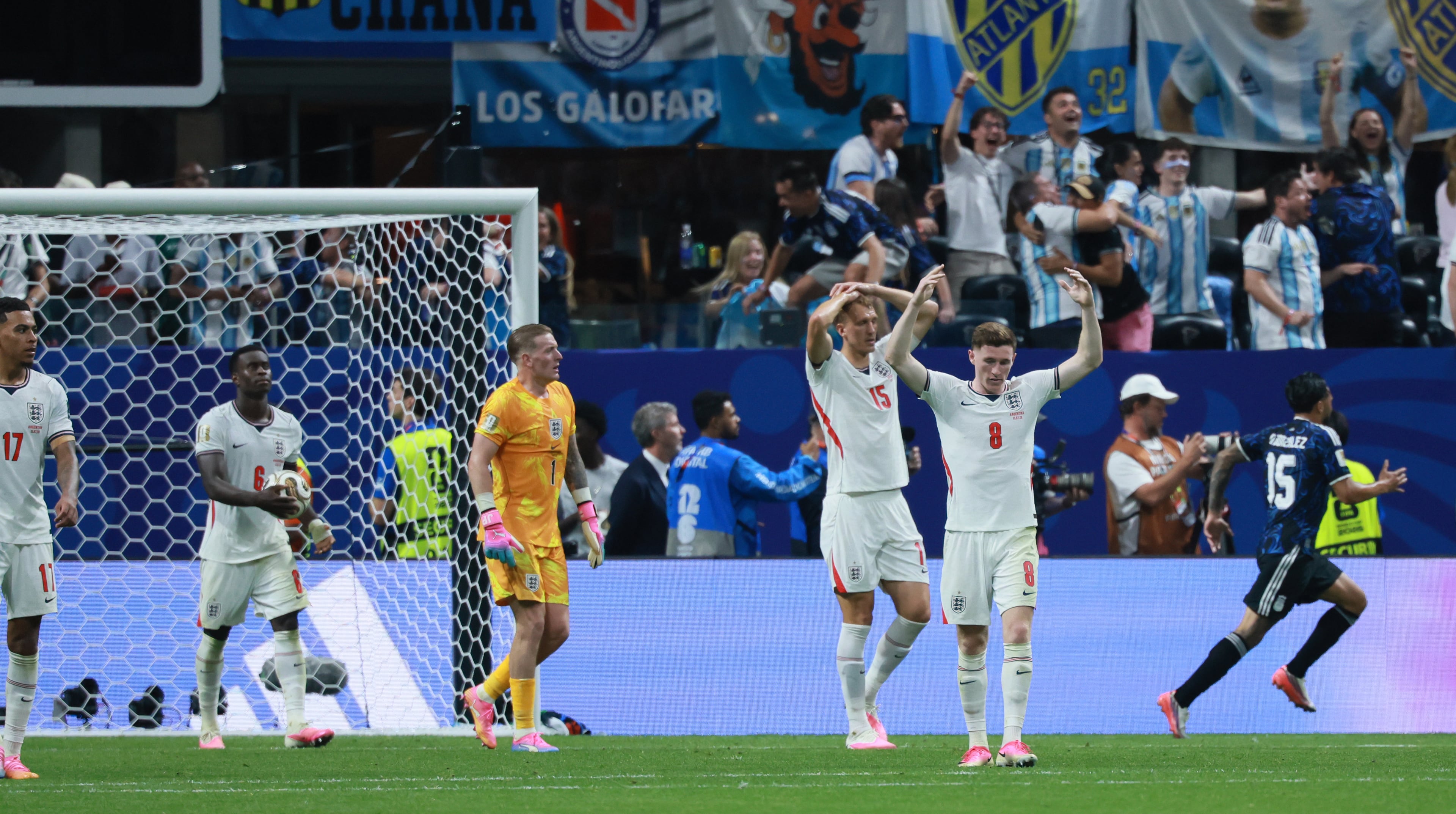 England's player react to falling behind 2-1 after call by Argentina's Lautaro Martinez during second half of Argentina vs. England FIFA World Cup Semifinal match at Atlanta Stadium (Mercedes-Benz Stadium) on Wednesday, July 15, 2026. (Jason Getz/AJC)