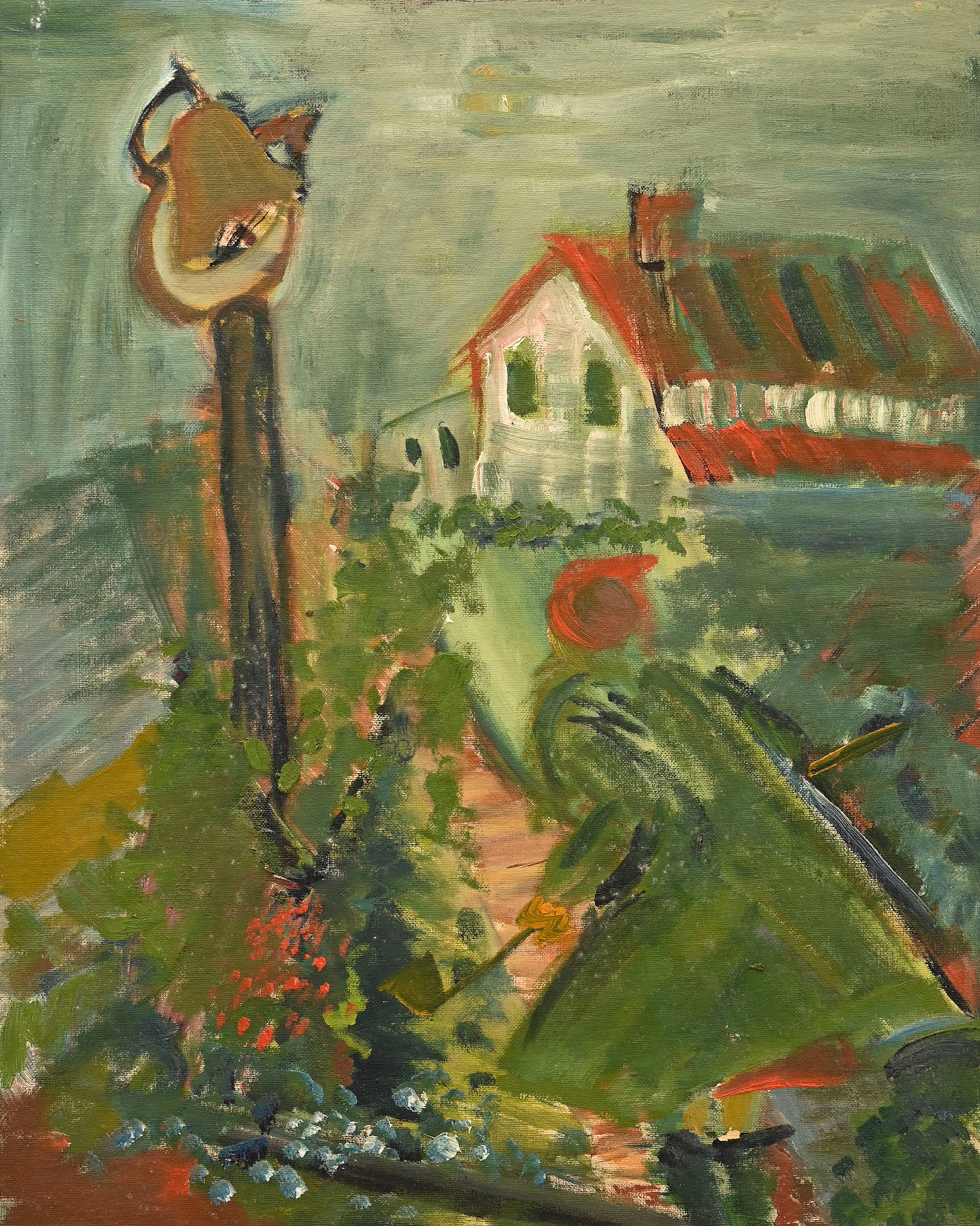 Original painting by Flannery O'Connor of the farmhouse at Andalusia with her mother, Regina Cline O'Connor, in the foreground next to the dinner bell. (Courtesy of Georgia College & State University)
