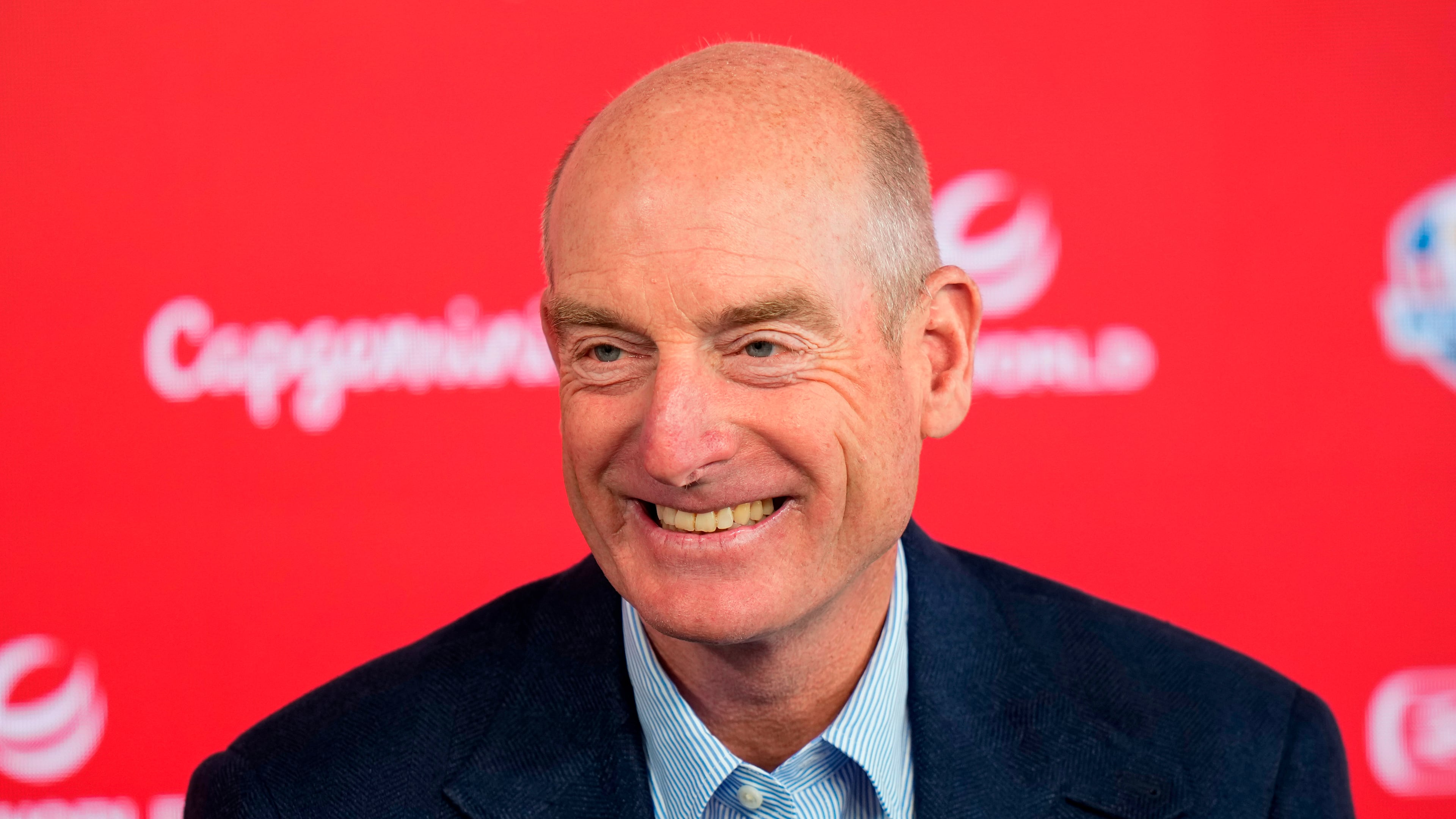 FILE - Jim Furyk speaks to the media at the PGA Championship golf tournament at Aronimink Golf Club, May 13, 2026, in Newtown Square, Pa. (AP Photo/Frank Franklin II, File)