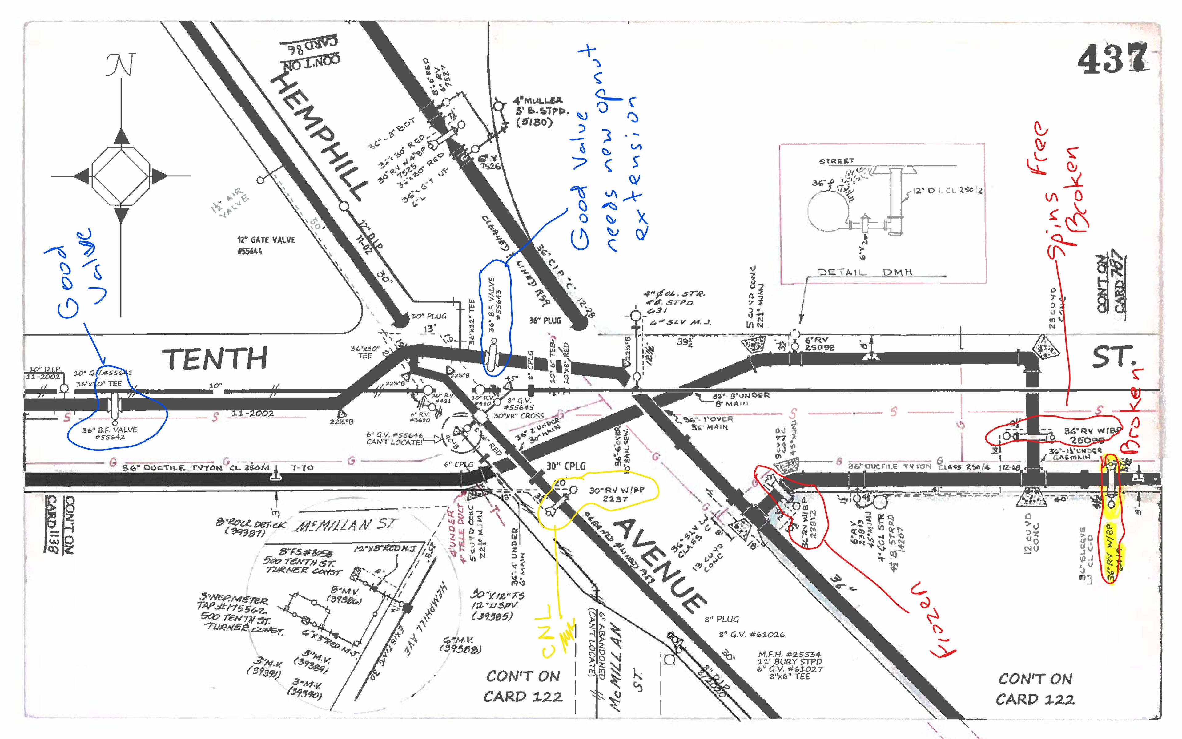 A schematic diagram of the 10th Street NW and Hemphill Avenue NW intersection near Georgia Tech shows where a city water superintendent labeled valves as either "frozen," "broken" or "good." (Atlanta Department of Watershed Management)