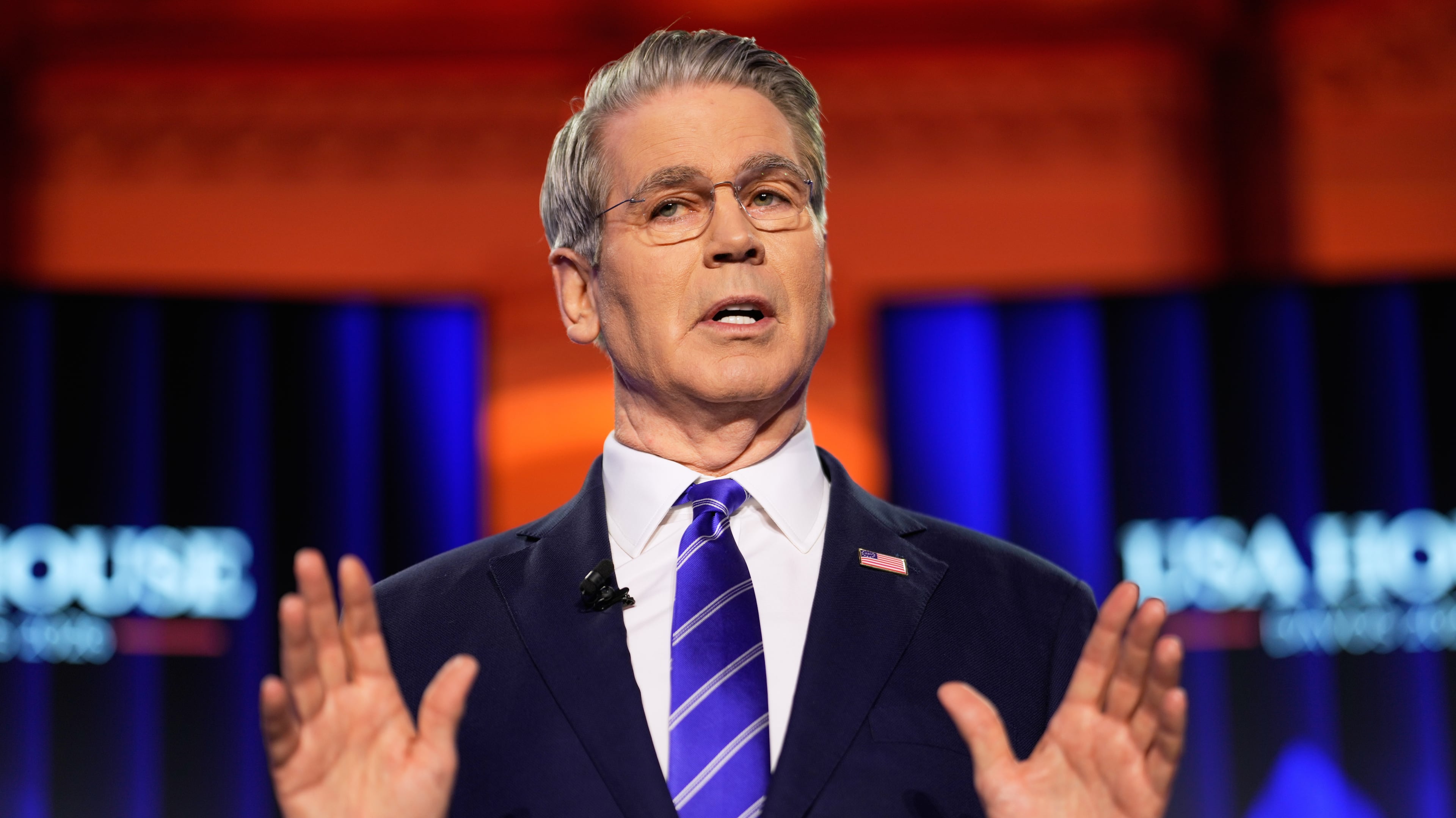 US Treasury Secretary Scott Bessent speaks at the USA house during the Annual Meeting of the World Economic Forum in Davos, Switzerland, Wednesday, Jan. 21, 2026. (AP Photo/Markus Schreiber)