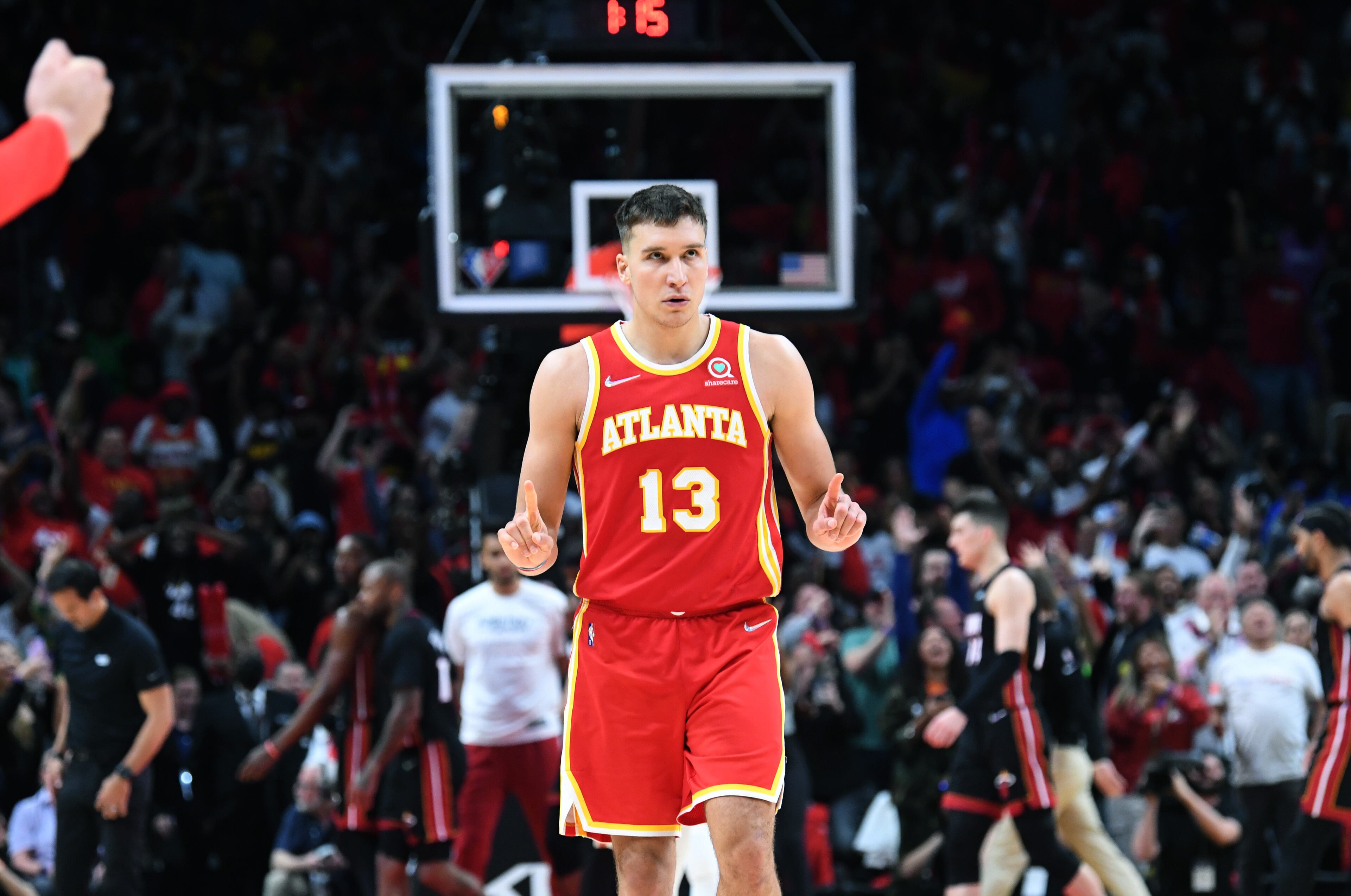 April 22, 2022 Atlanta - Atlanta Hawks' guard Bogdan Bogdanovic (13) reacts at the end of the 4th quarter in Game 3 of the first round of the NBA playoffs at State Farm Arena on Friday, April 22, 2022. Atlanta Hawks won 111-110 over Miami Heat. (Hyosub Shin / Hyosub.Shin@ajc.com)