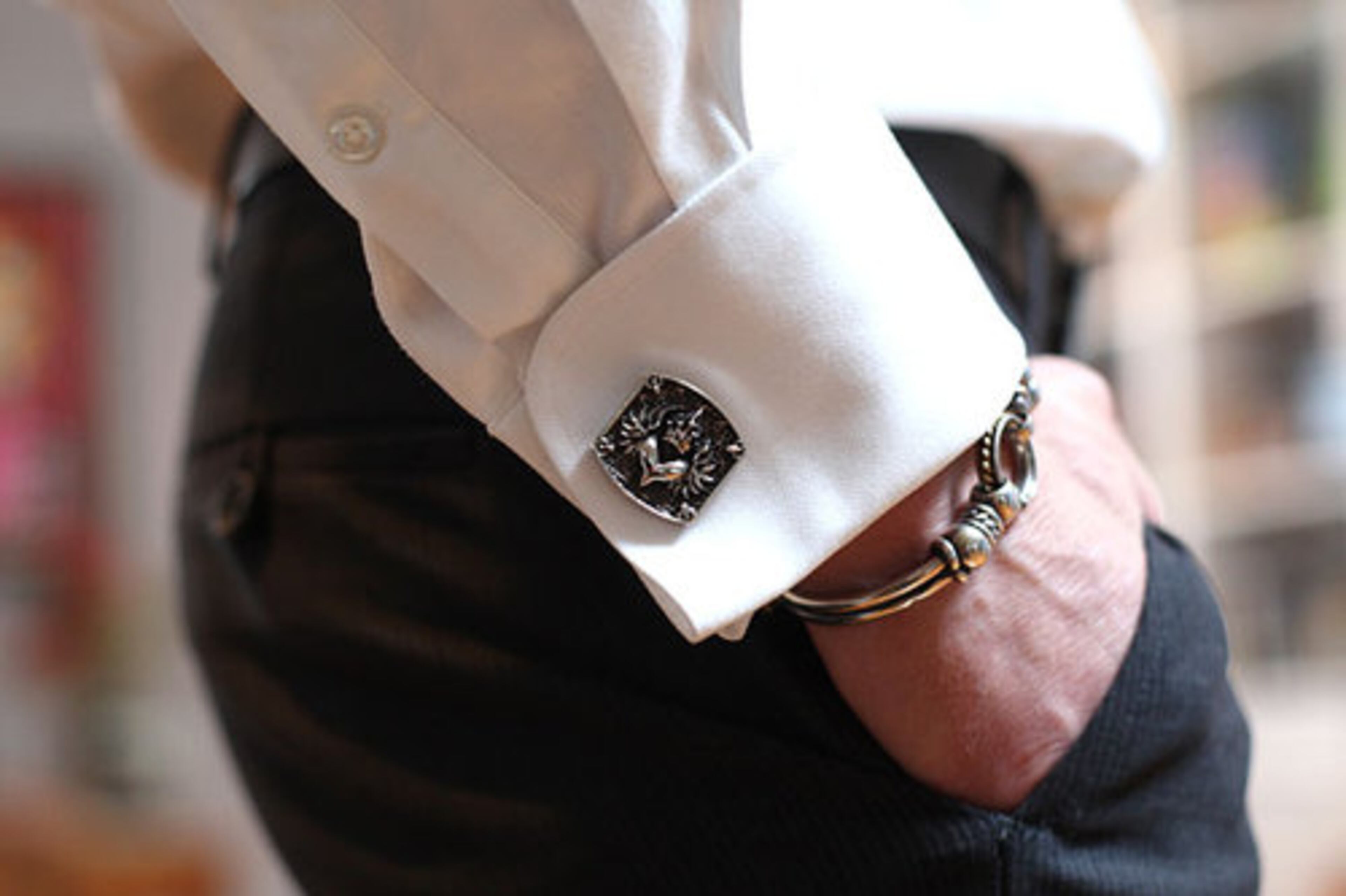Botnick accessorizes with a set of King Baby Studio Chosen Relic cufflinks and a David Wysor sterling and 18k bracelet.