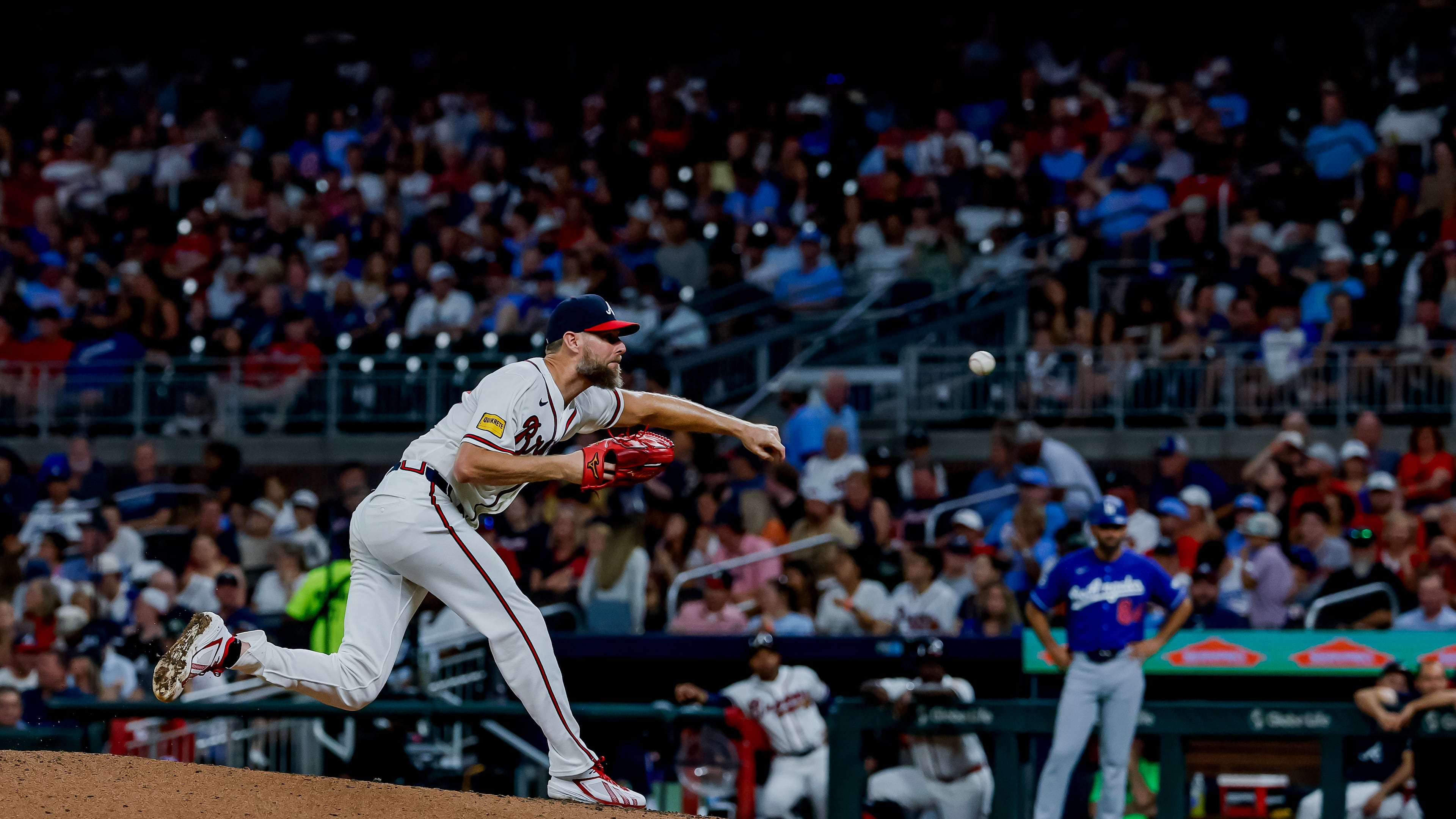 Atlanta Braves pitcher Chris Sale delivers to a Los Angeles Dodgers batter during the fifth inning of a baseball game, Thursday, Aug. 27, 2026, in Atlanta. (AP Photo/Erik S. Lesser)