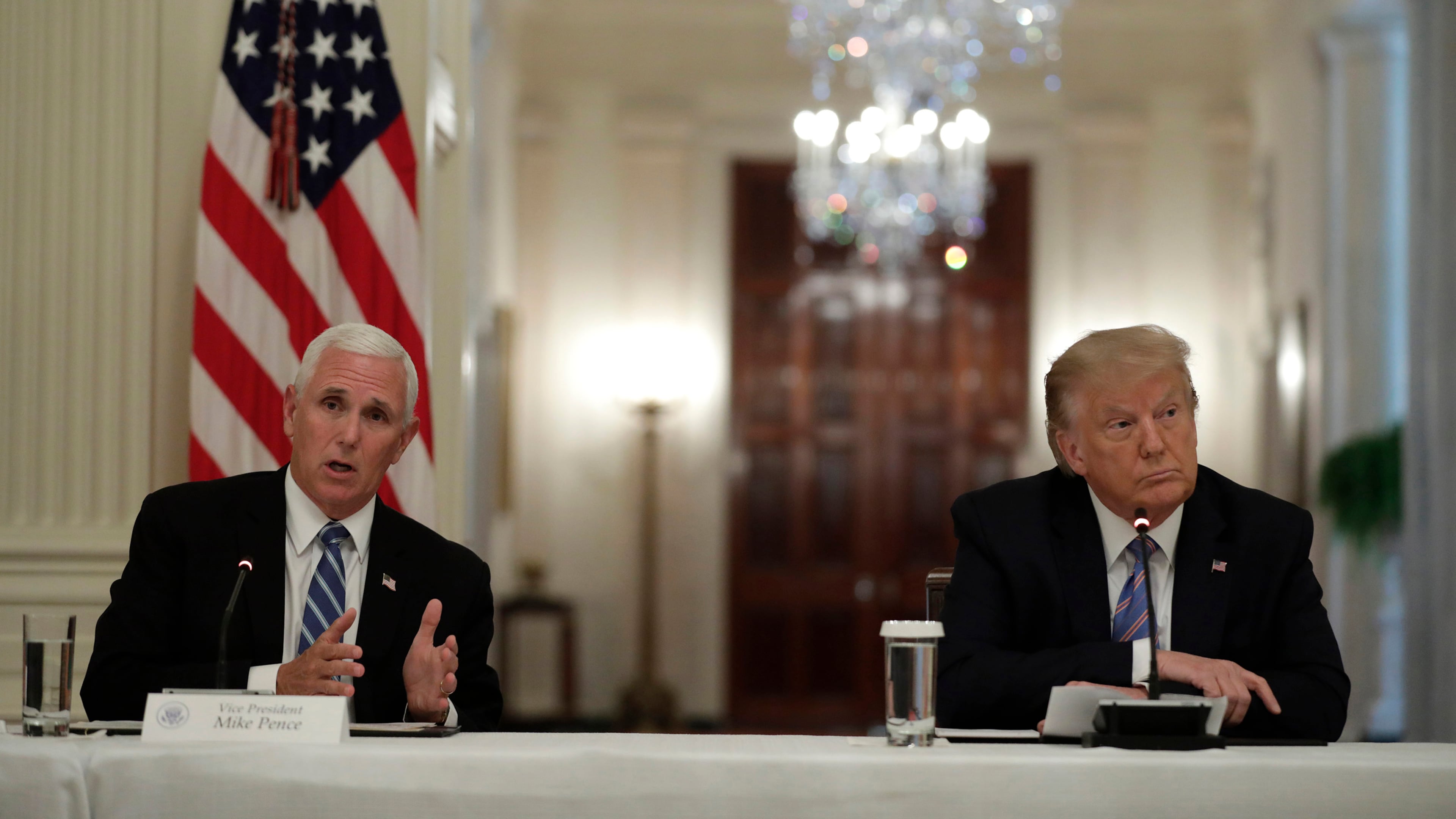 Then President Donald Trump, right, and then Vice President Mike Pence participate in the National Dialogue on Safely Reopening Schools at the White House in Washington, D.C., on Tuesday, July 7, 2020. Trump's endorsements of Texas primary candidates in March, 2022, had a positive effect, but not quite the sweeping result he boasted about. (Yuri Gripas/Abaca Press/TNS)