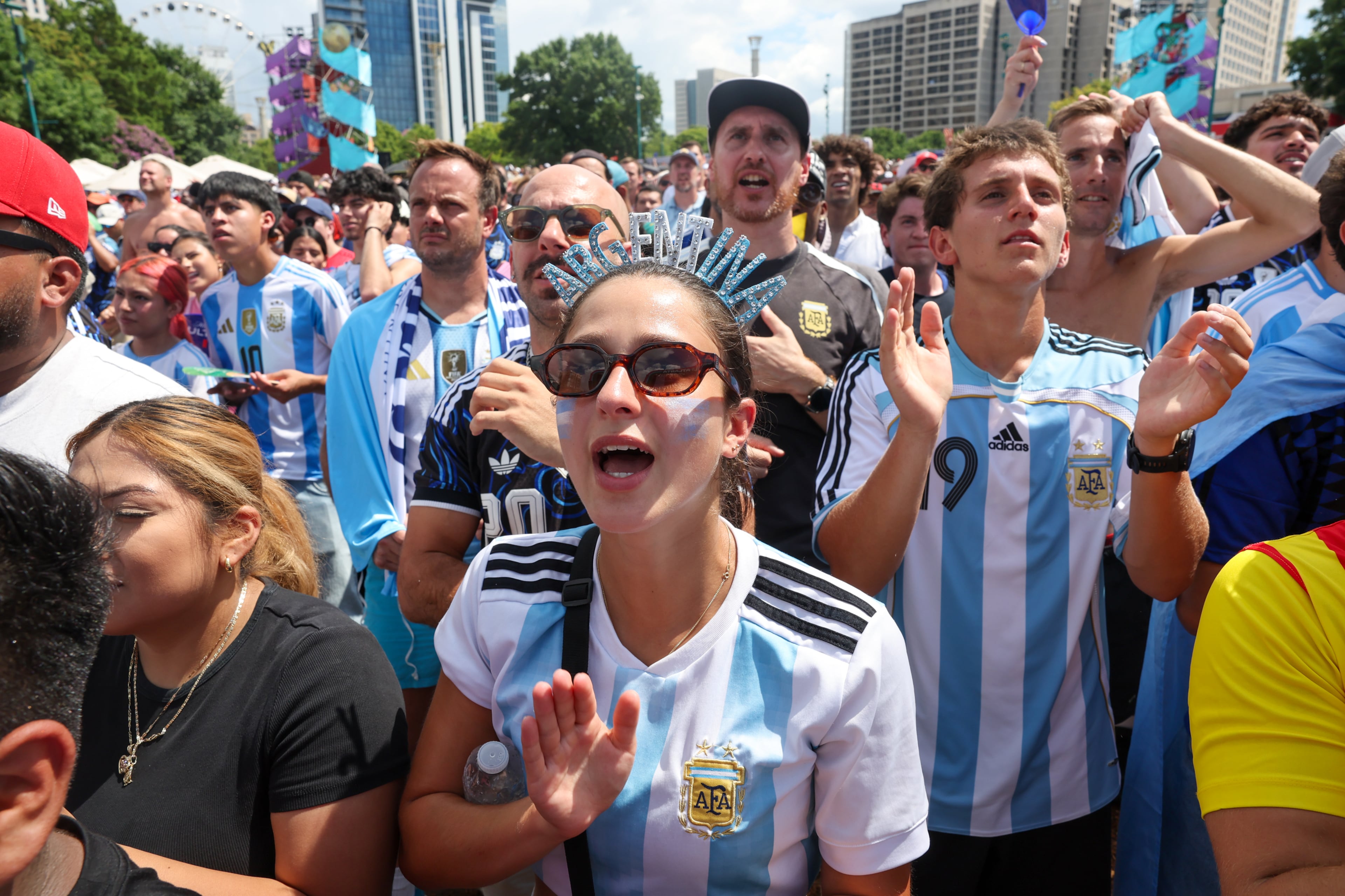 Argentina fans react at Fan Fest during the FIFA World Cup game between England and Argentina in Atlanta on July 15, 2026. It’s the last game Atlanta is hosting. (Arvin Temkar/AJC)