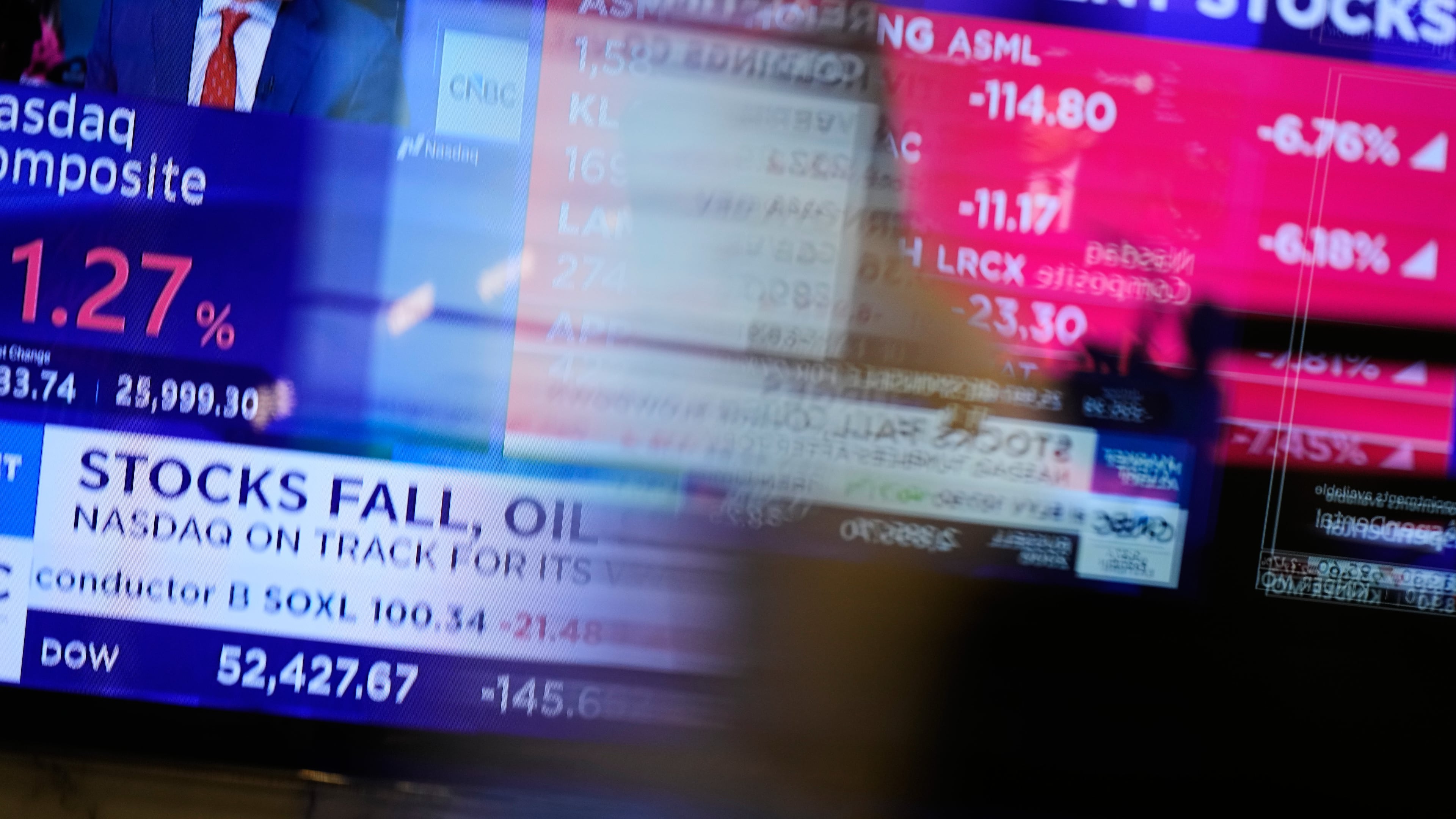 Electronic displays show financial news on the floor at the New York Stock Exchange in New York, Monday, Sept. 14, 2026. (AP Photo/Seth Wenig)