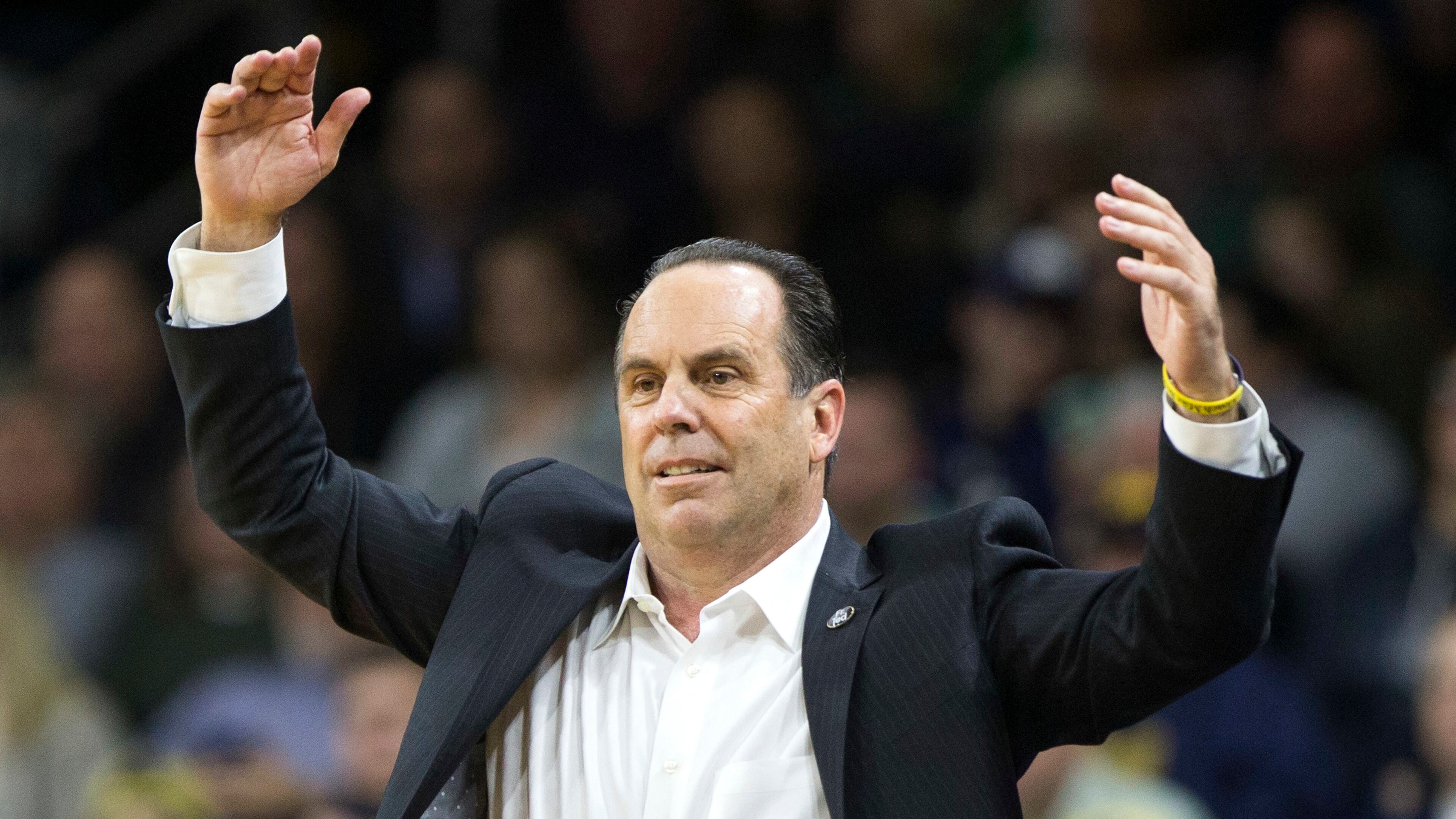 Notre Dame coach Mike Brey watches during the second half of a game against Georgia Tech on Sunday, Feb. 26, 2017, in South Bend, Ind. Notre Dame won 64-60. (AP Photo/Robert Franklin)