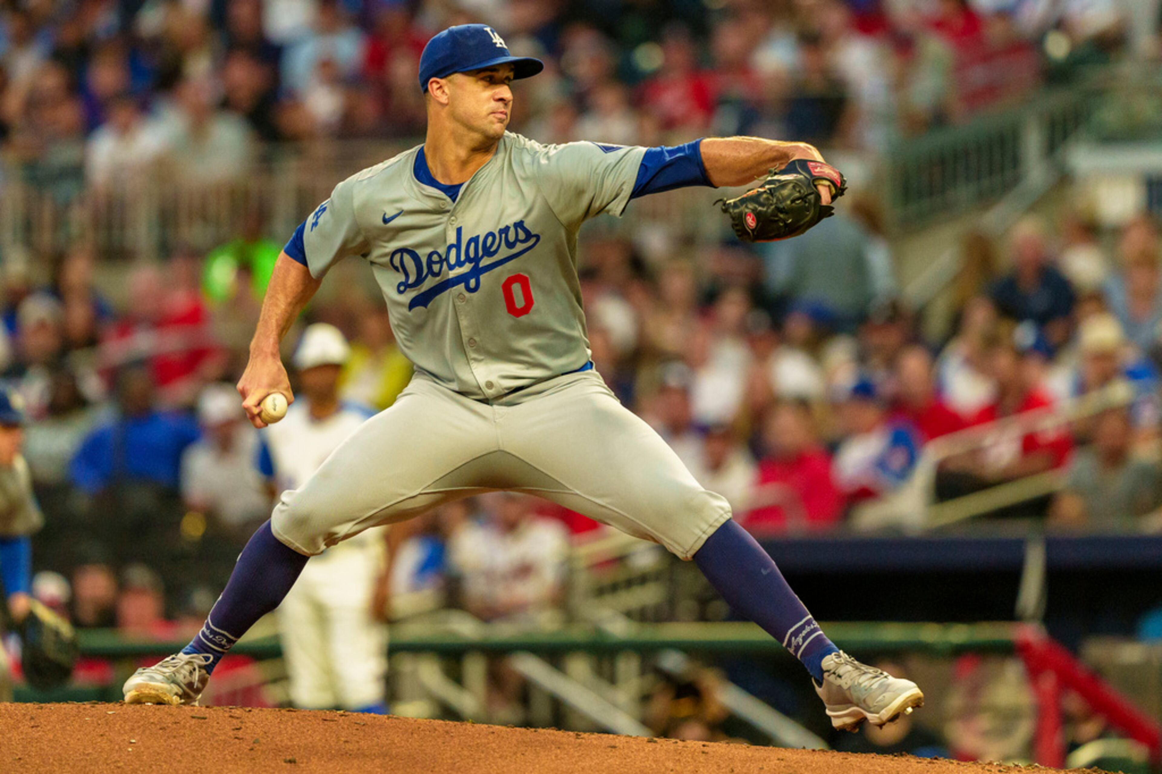 Los Angeles Dodgers pitcher Jack Flaherty throws in in the first inning of a baseball game against the Atlanta Braves, Saturday, Sept. 14, 2024, in Atlanta. (AP Photo/Jason Allen)