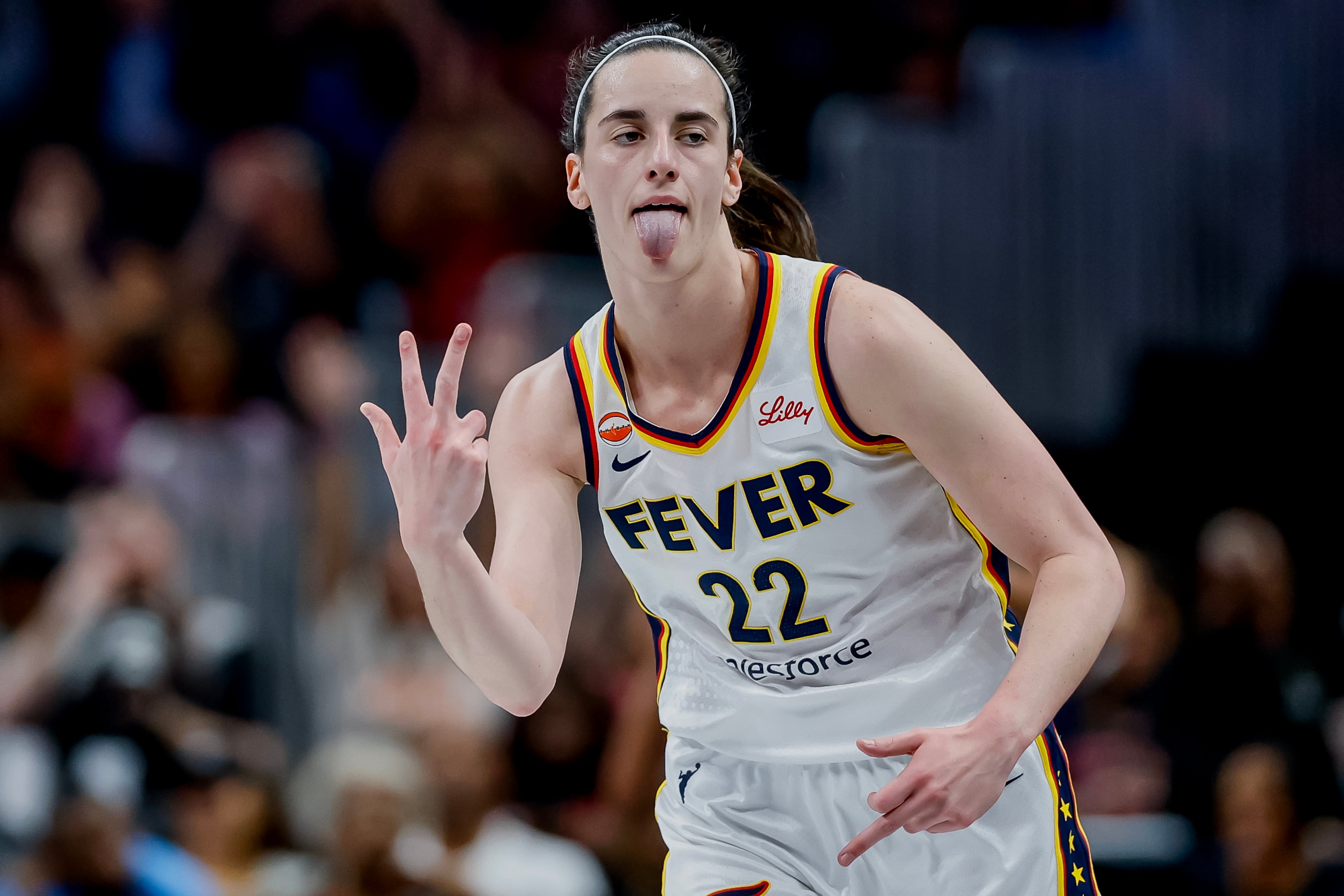 Indiana Fever guard Caitlin Clark reacts after making a three-point basket during the game between the Dream and the Fever, Sunday, Aug. 16, 2026, in Atlanta. (Erik S. Lesser for the AJC)