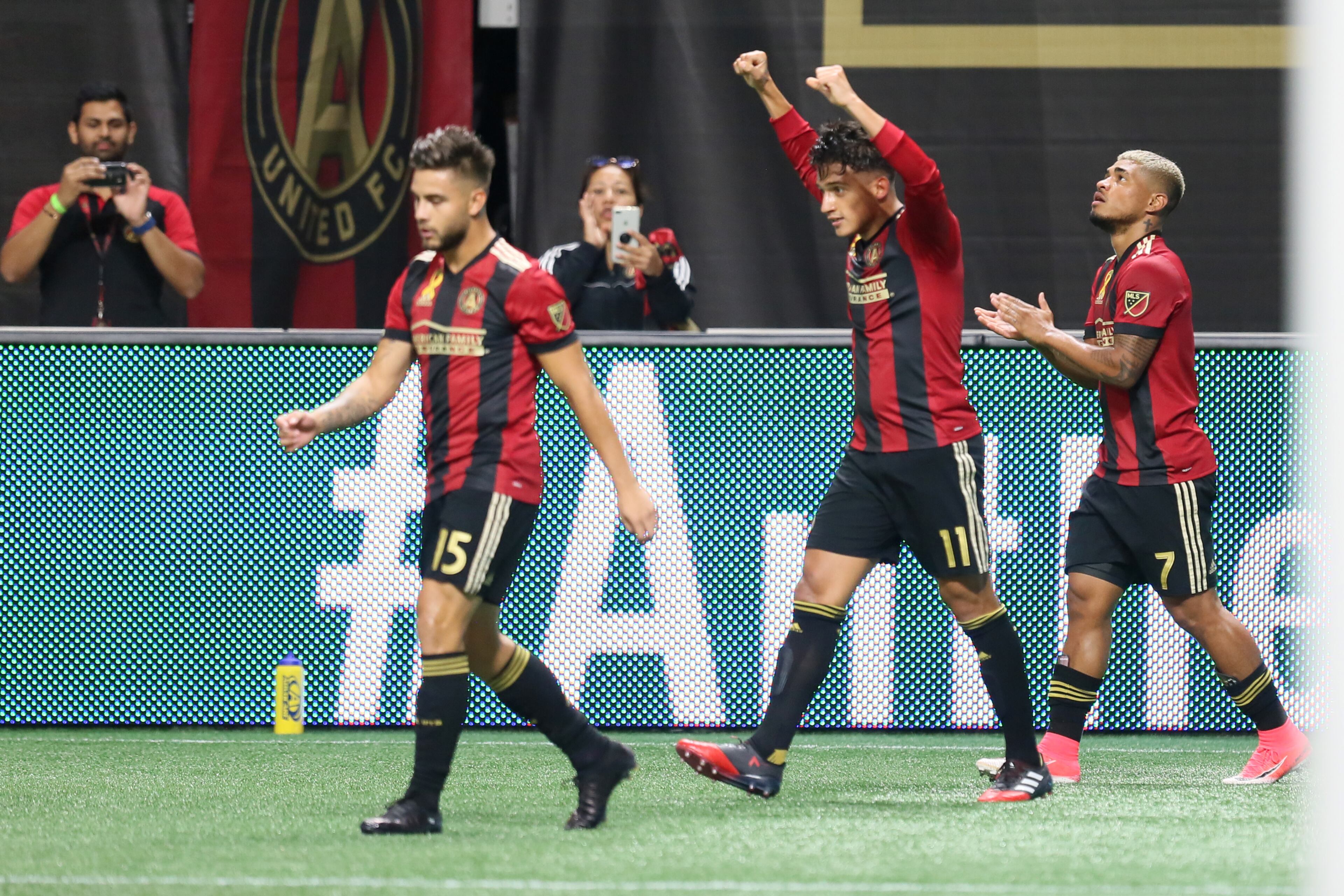 Atlanta United midfielder Yamil Azad celebrates after scoring his second goal and the third for the team during the first half.