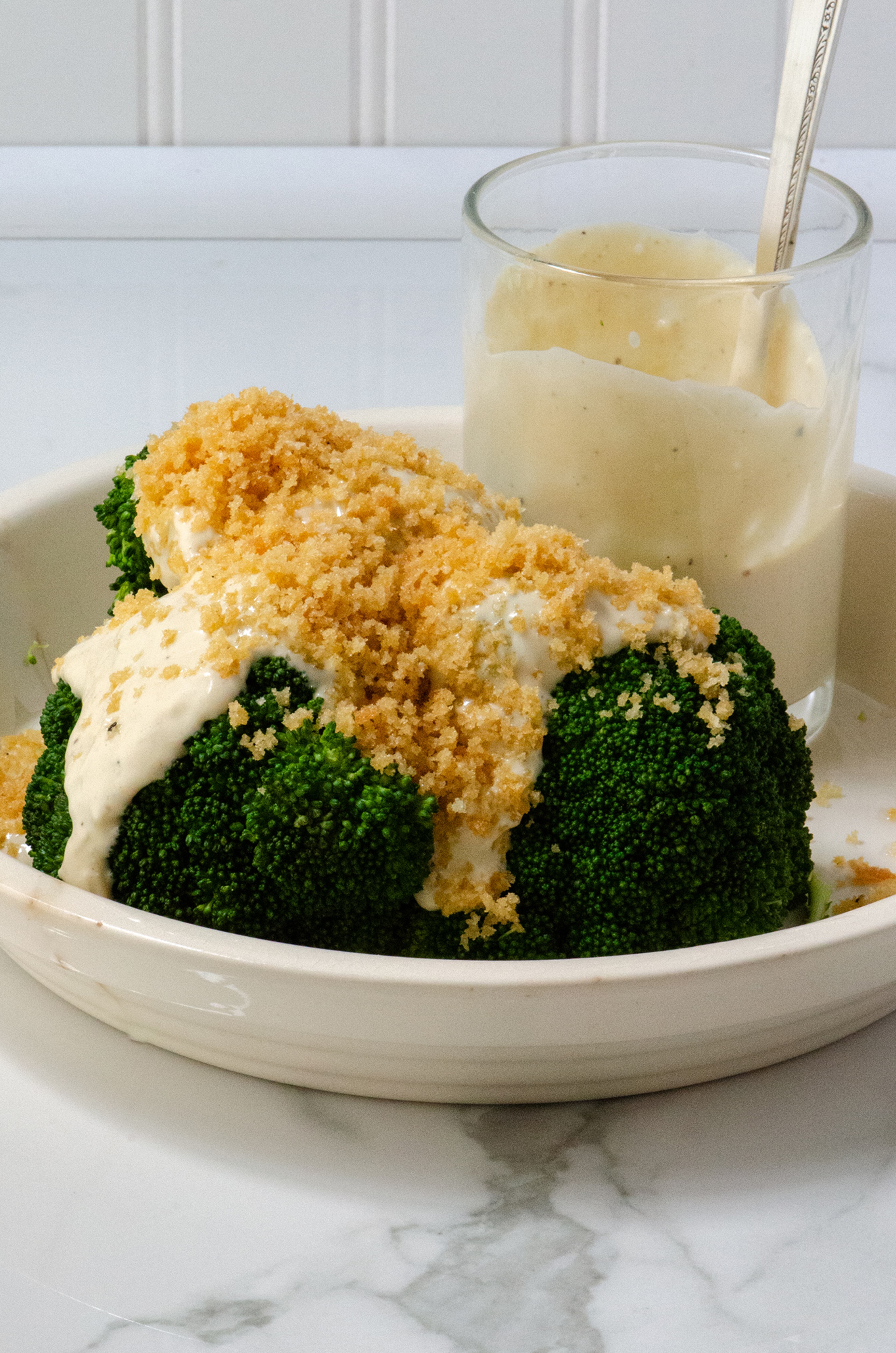 Big, bold flavors can be found in this Broccoli Caesar with creamy dressing and crunchy breadcrumbs. (Virginia Willis for The Atlanta Journal-Constitution)
