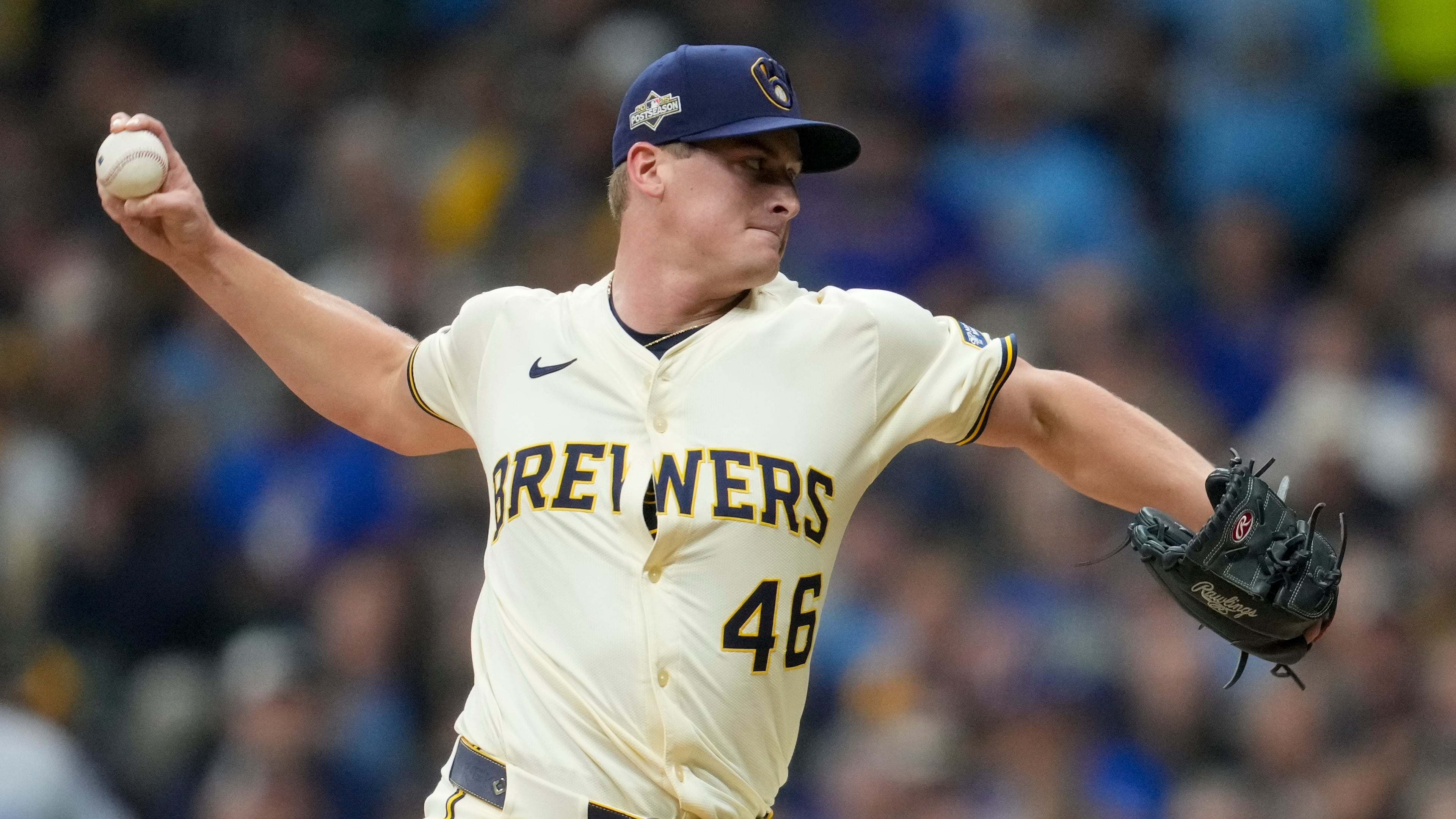 FILE - Milwaukee Brewers pitcher Quinn Priester throws against the Los Angeles Dodgers during the second inning in Game 1 of baseball's National League Championship Series, Oct. 13, 2025, in Milwaukee. (AP Photo/Ashley Landis, File)