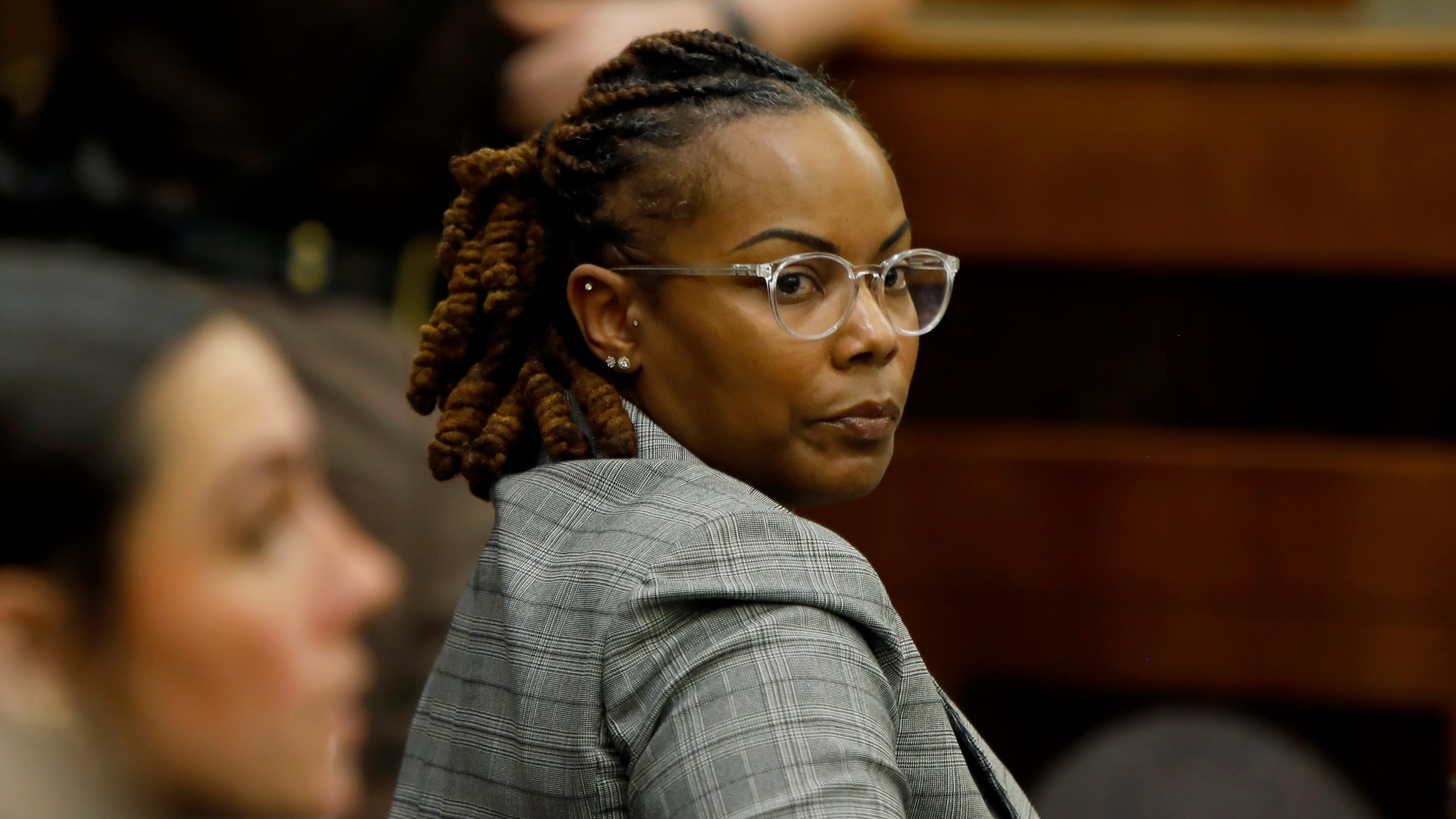 FILE - Former Richneck Elementary School assistant principal Ebony Parker looks back into the courtroom during Abby Zwerner's lawsuit against her on Oct. 28, 2025, in Newport News, Va. (Stephen M. Katz/The Virginian-Pilot via AP, Pool, File)