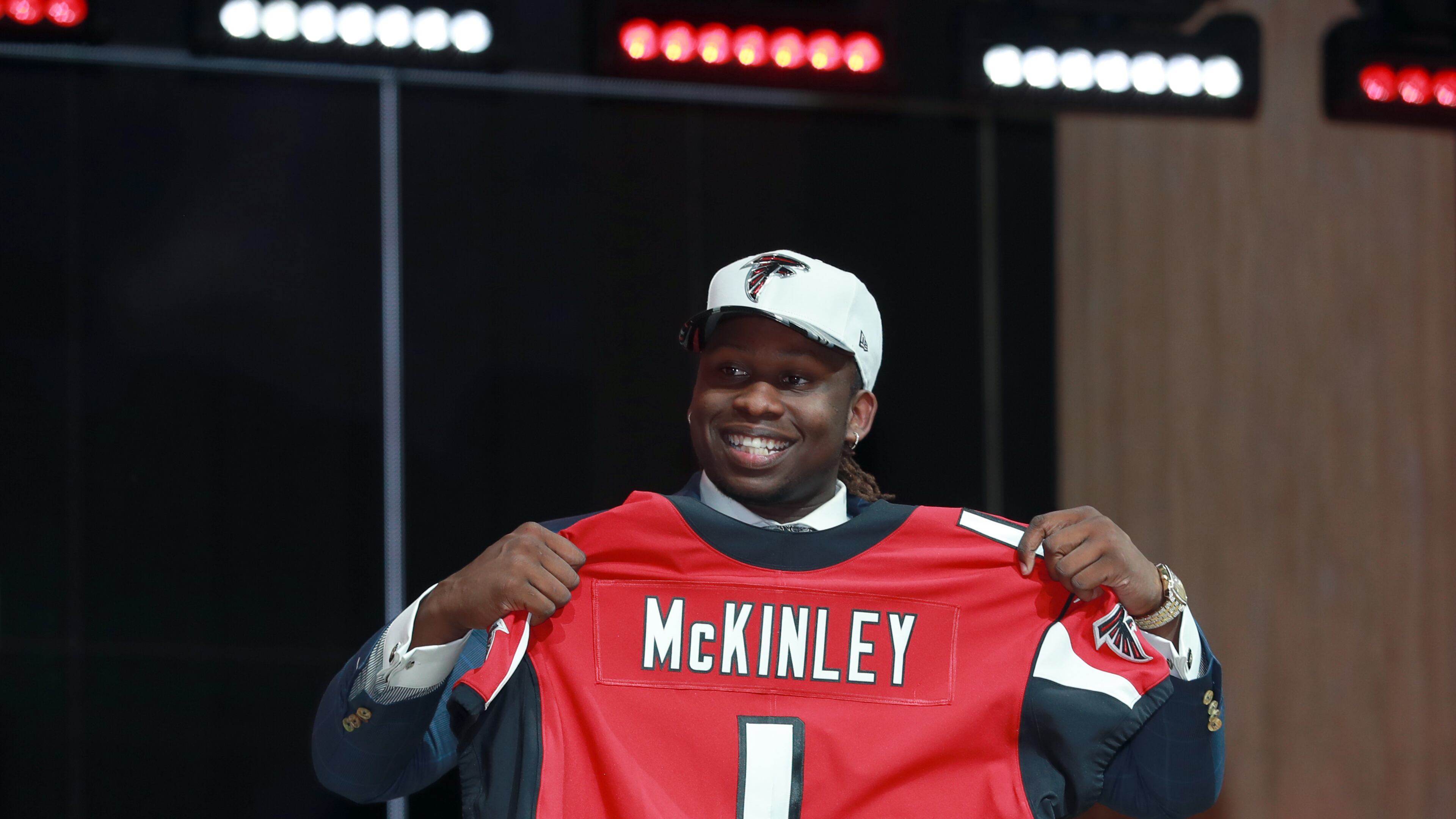 UCLA's Takkarist McKinley poses after being selected by the Atlanta Falcons during the first round of the 2017 NFL football draft, Thursday, April 27, 2017, in Philadelphia. (Jeff Haynes/AP Images for Panini)