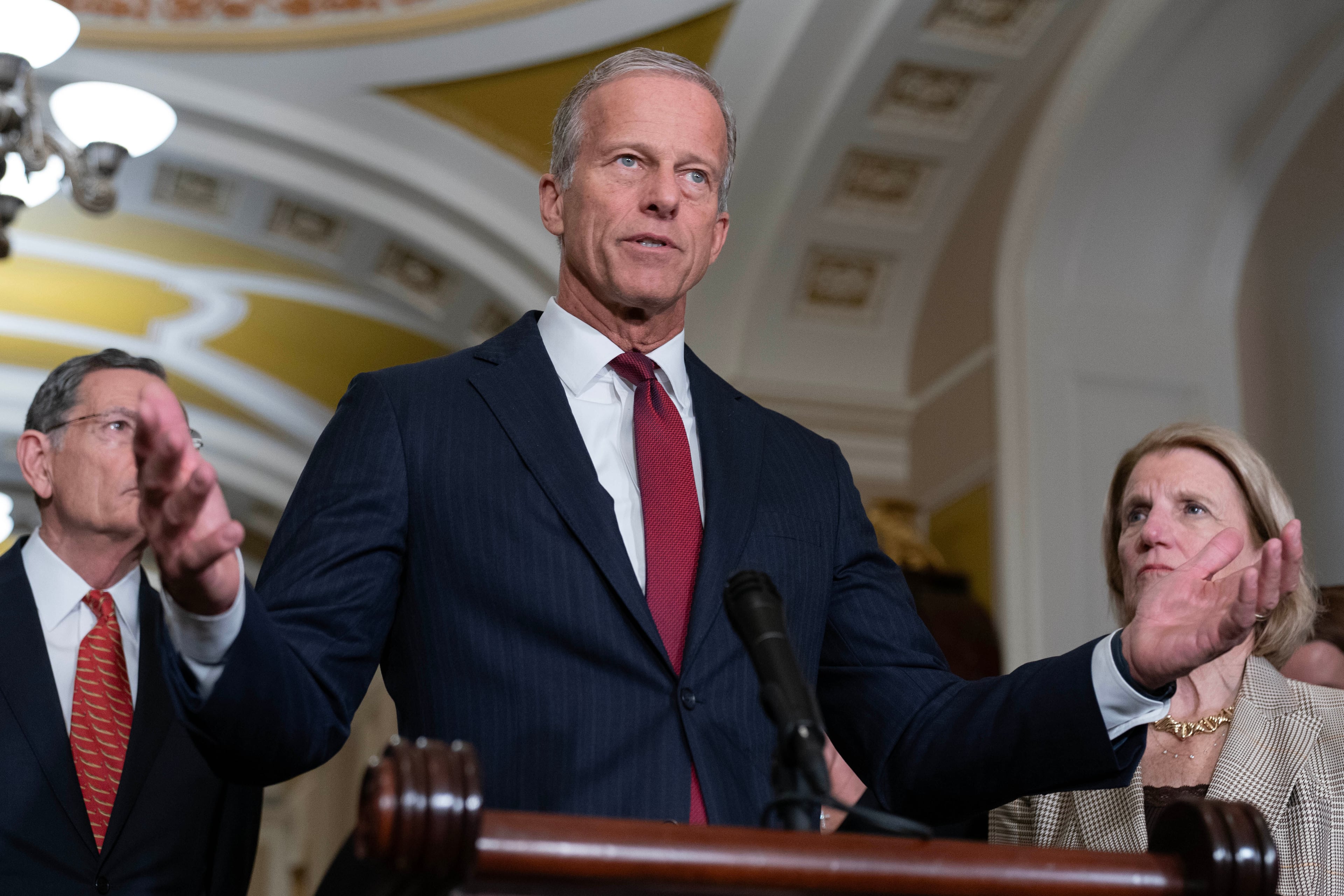 Senate Majority Leader John Thune, R-S.D., speaks to reporters after a weekly Republican luncheon at the Capitol in Washington, Tuesday, March 10, 2026. (Jose Luis Magana/AP)