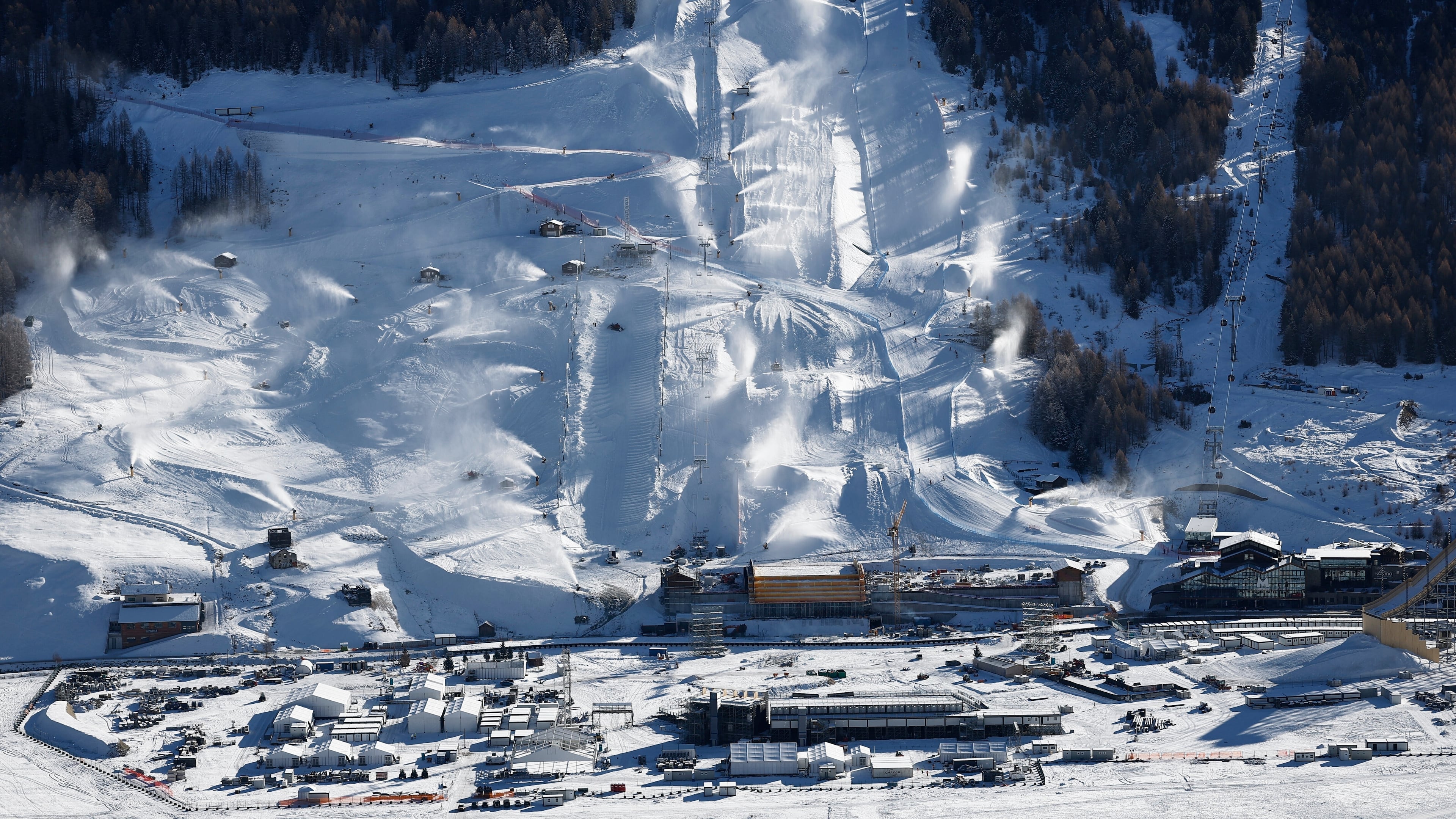 FILE - This photo shows the snowboarding and freestyle skiing events which will take place during the upcoming Milan Cortina Winter Olympics in Livigno, Italy, Saturday, Dec. 27, 2025. (AP Photo/Gabriele Facciotti, File)