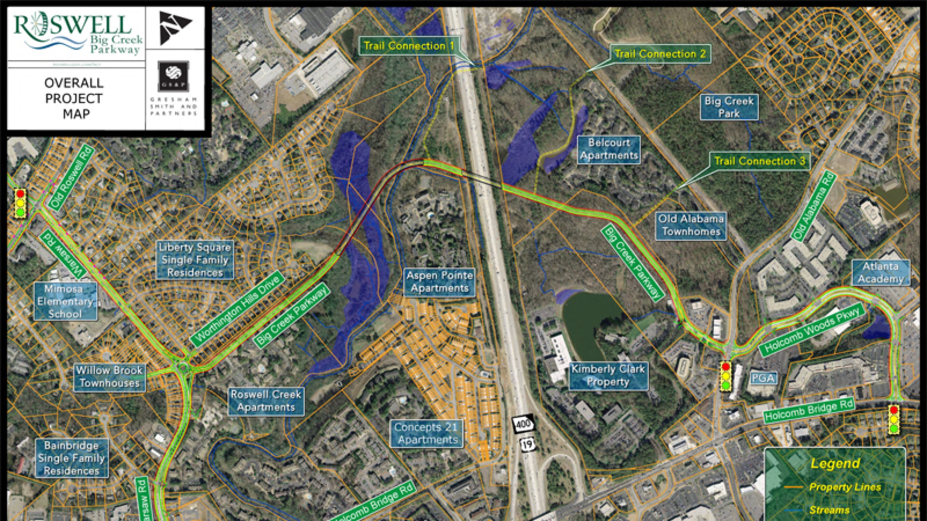 Map depicts the route of the proposed Big Creek Parkway in Roswell. The City Council has approved spending $635,000 to acquire 55.3 acres of right-of-way for the project. CITY OF ROSWELL