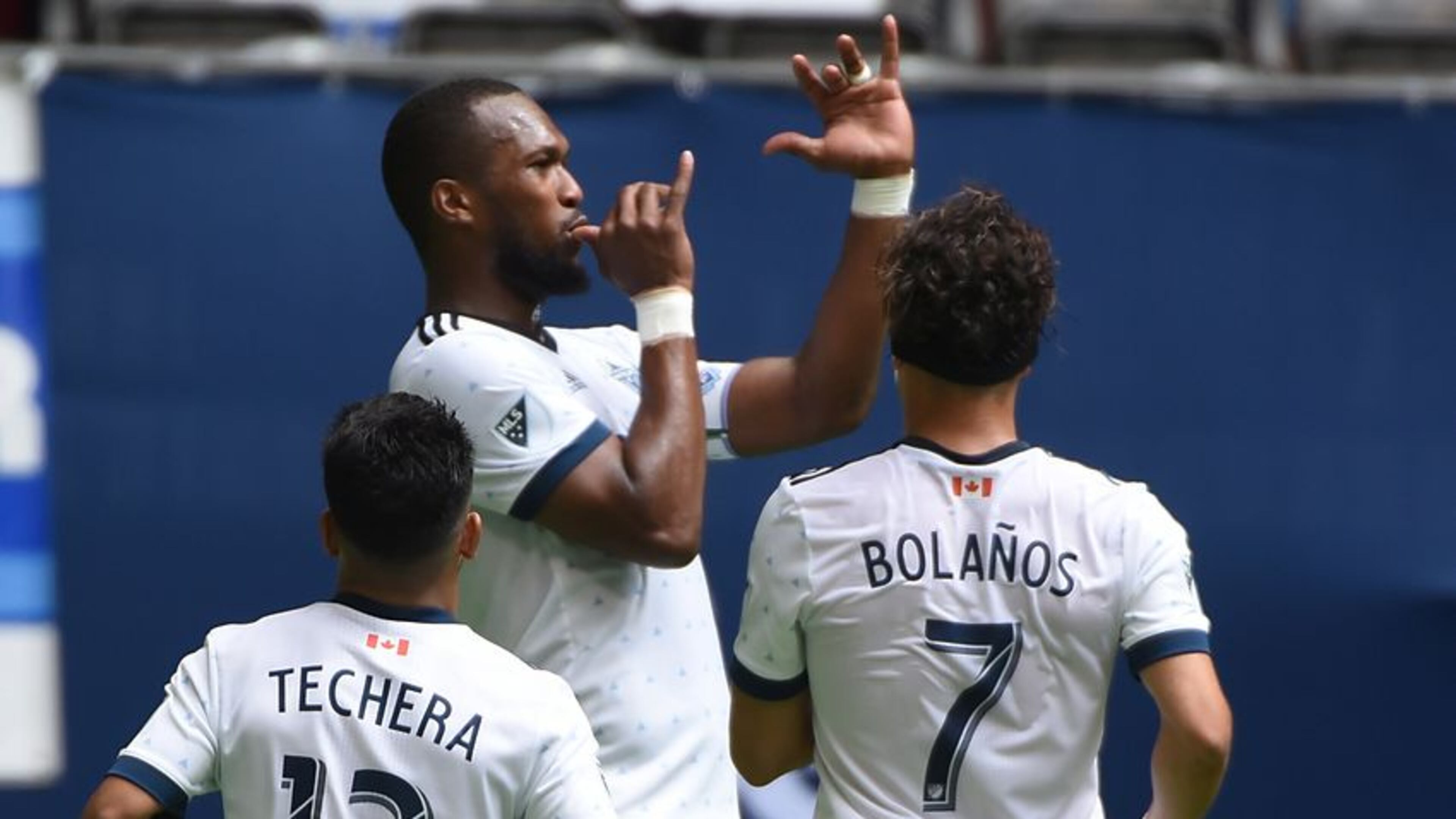 Jun 3, 2017; Vancouver, British Columbia, CAN; Vancouver Whitecaps defender Kendall Waston (4) celebrates his goal against Atlanta United goalkeeper Alec Kann (not pictured) during the first half at BC Place. Mandatory Credit: Anne-Marie Sorvin-USA TODAY Sports
