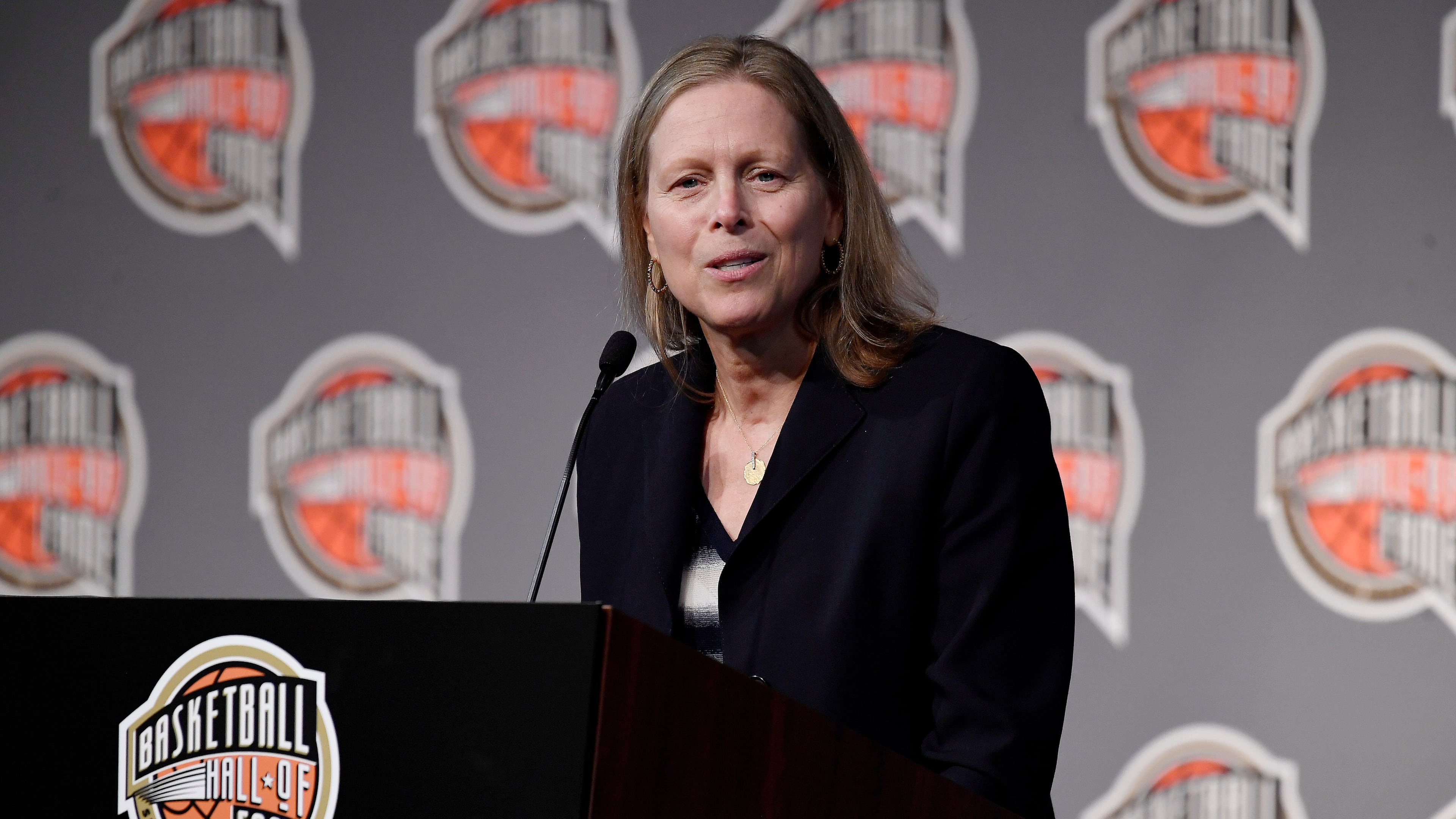 FILE - Class of 2021 inductee Val Ackerman speaks at a news conference for the Basketball Hall of Fame, Sept. 10, 2021, at Mohegan Sun in Uncasville, Conn. (AP Photo/Jessica Hill, File)