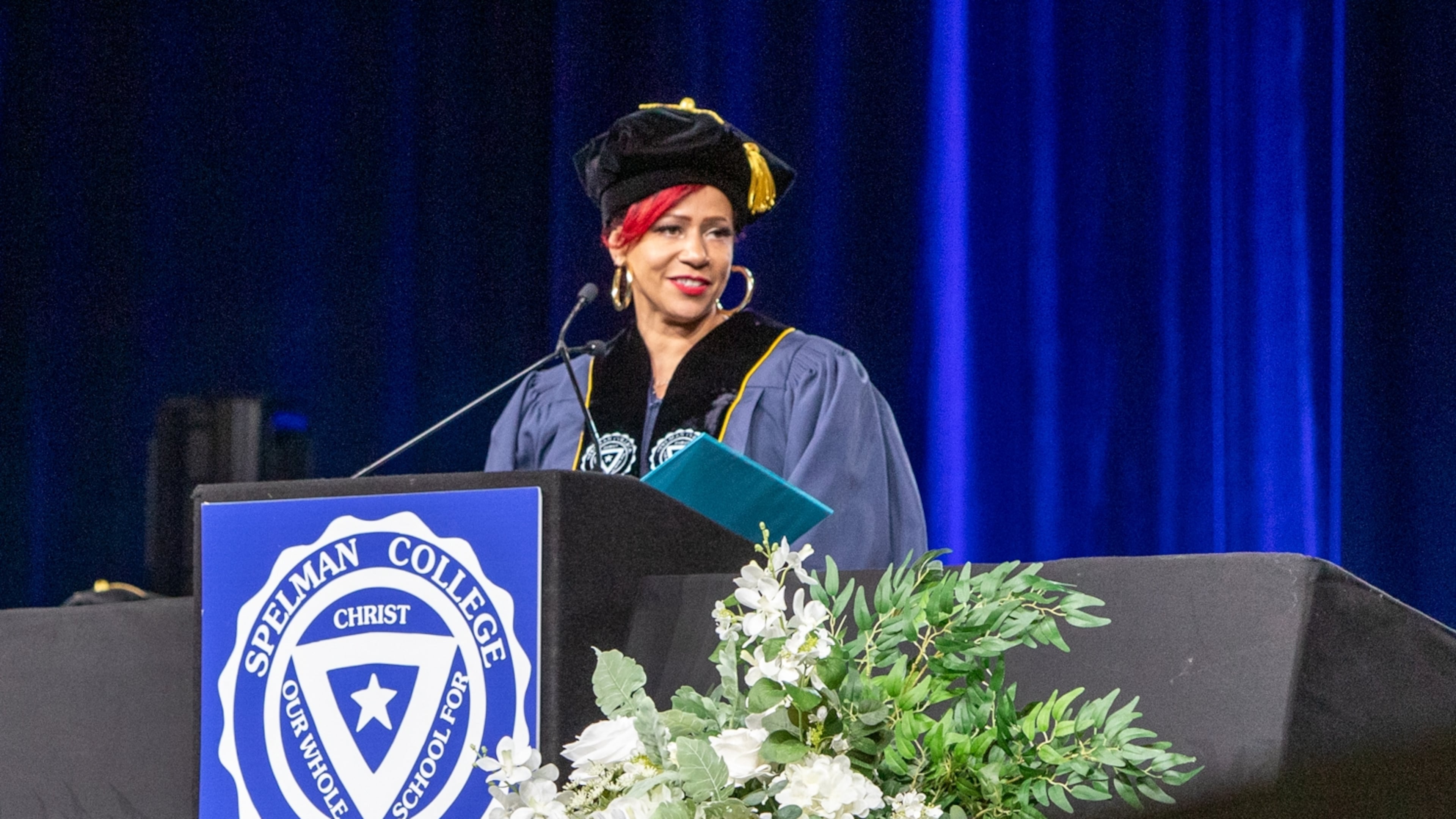 Nikole Hannah-Jones, a Pulitzer Prize-winning reporter covering racial injustice for The New York Times Magazine and creator of the landmark The 1619 Project, delivers the Spelman College commencement address on Sunday, May 21, 2023, at the Georgia International Convention Center. (Jenni Girtman for the AJC)
